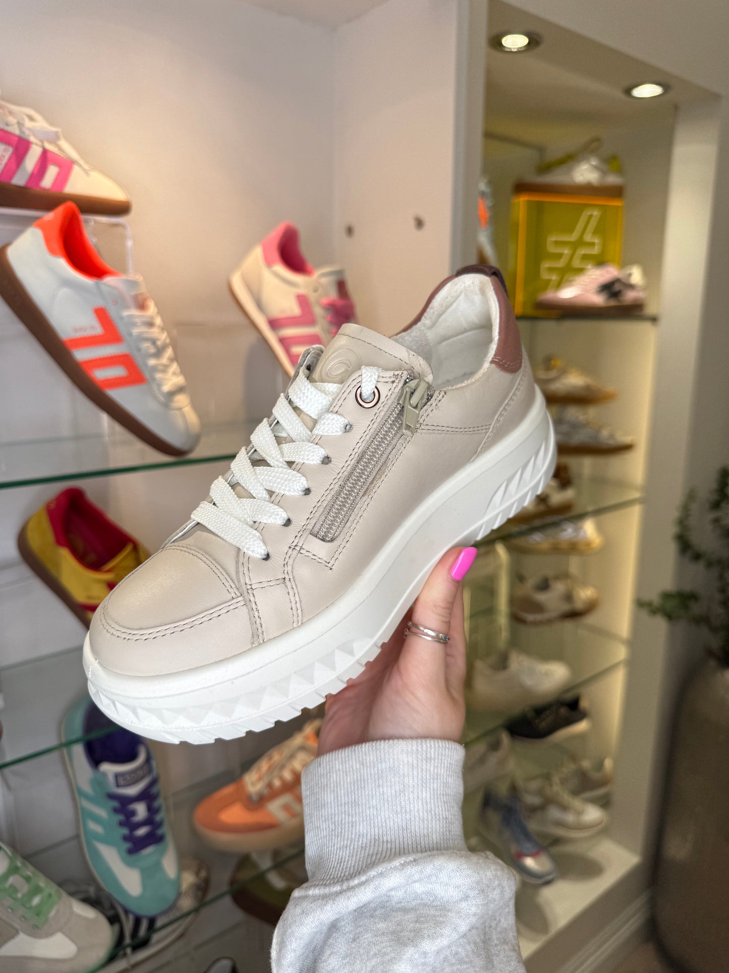 Ara - Taupe Leather Flatform Side Zip Trainer With Soft Brown Trim