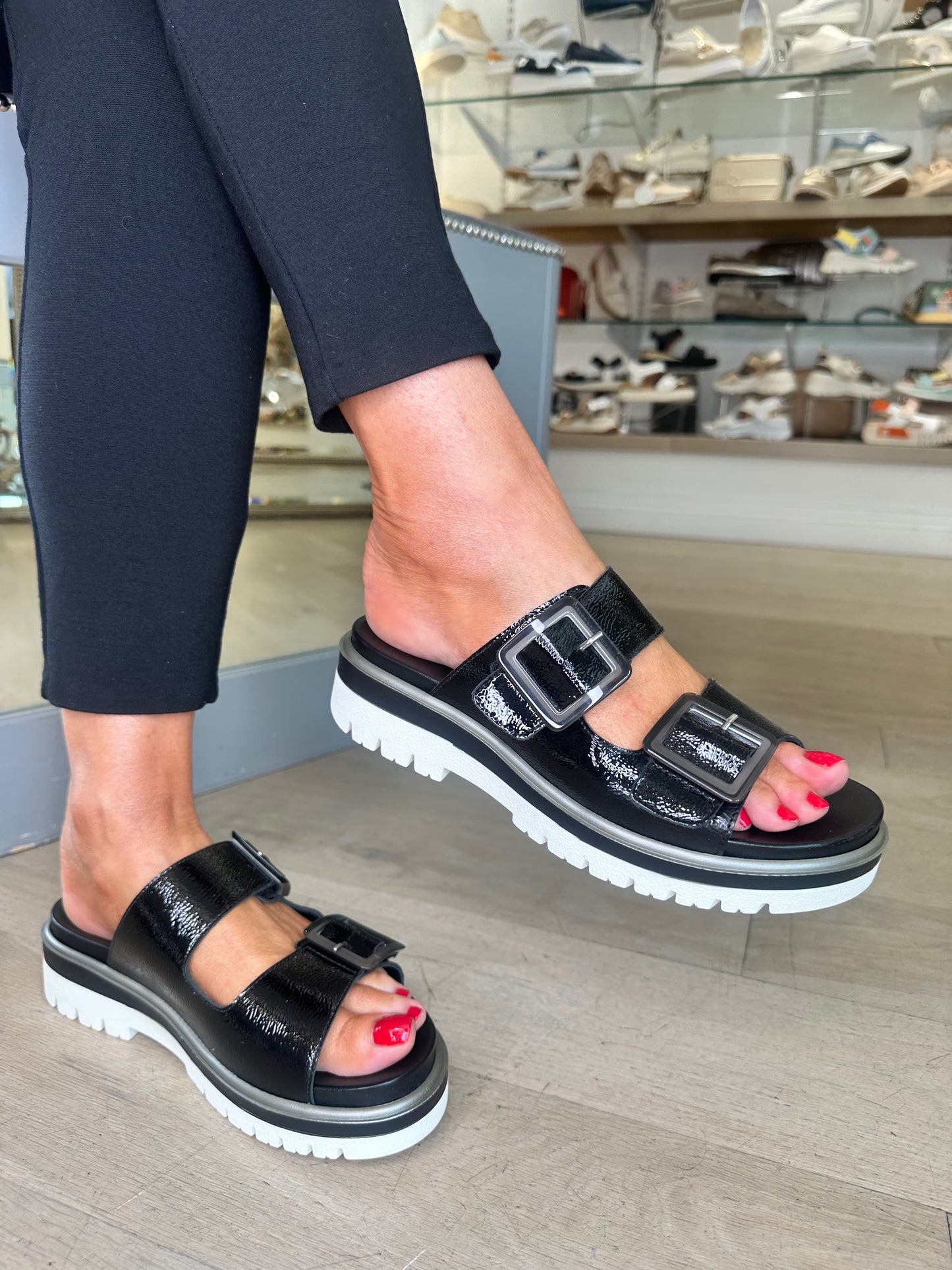 Ara -Black Flexy Patent Slider With Velcro Adjustable Straps