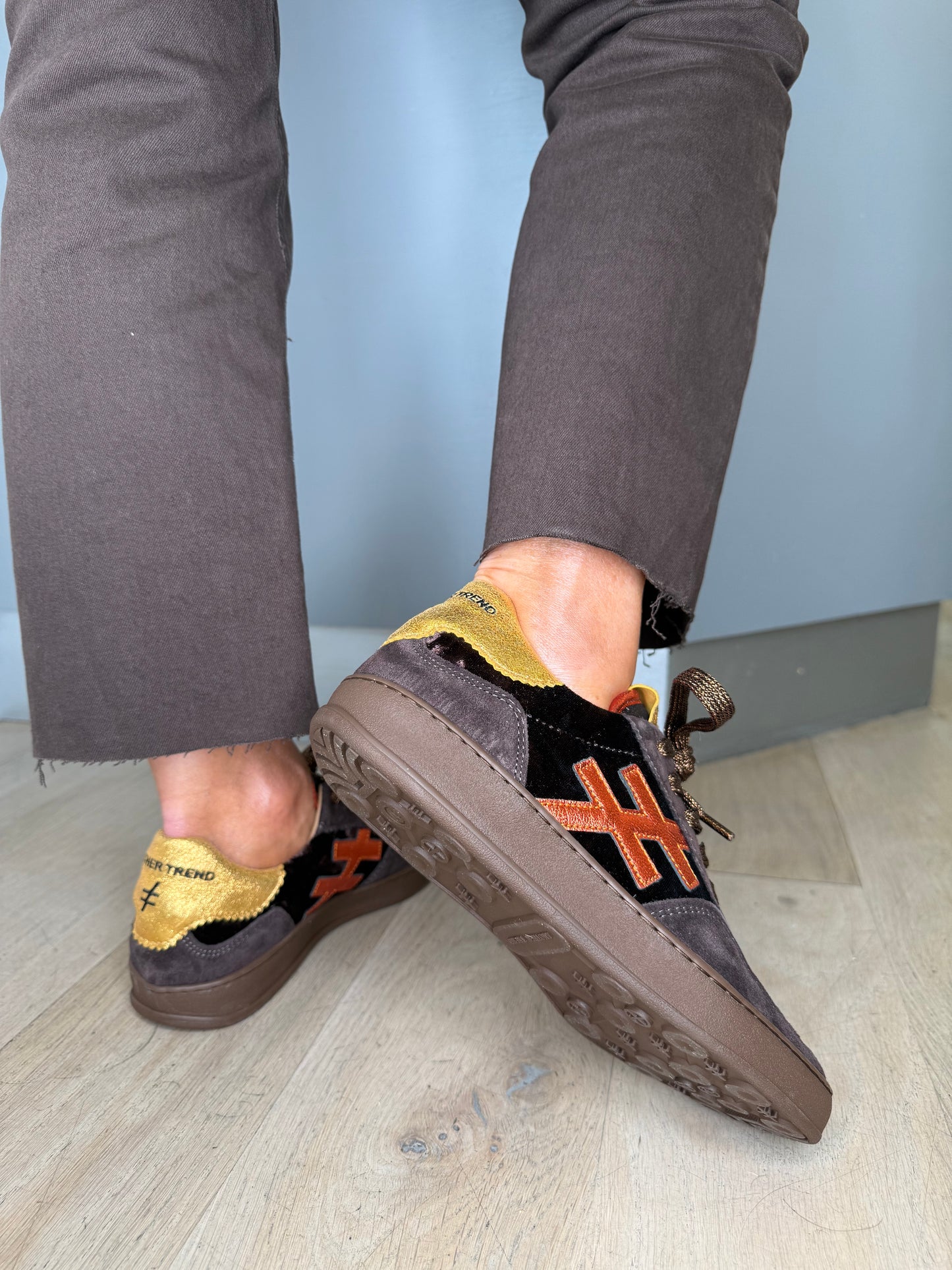 Another Trend - Chocolate Brown Suede/Velvet Trainer With Metallic Orange & Gold Trim