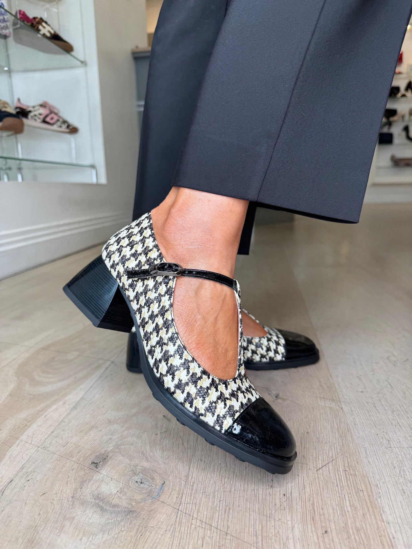 Hispanitas - Black/Cream Houndstooth T-Bar Square Toe Shoe