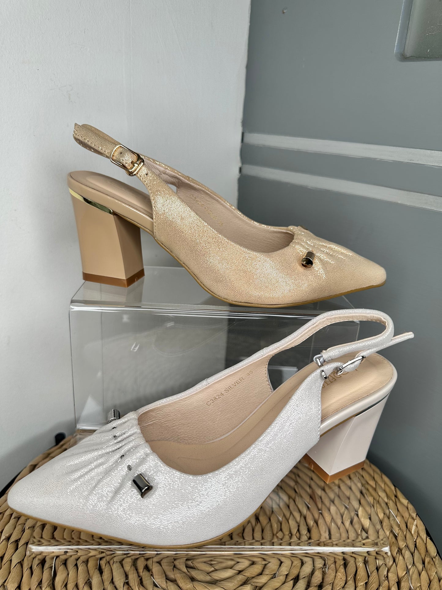 Loretta Vitale - Silver Shimmer/Nude Suede Pointy Toe Slingback Shoe