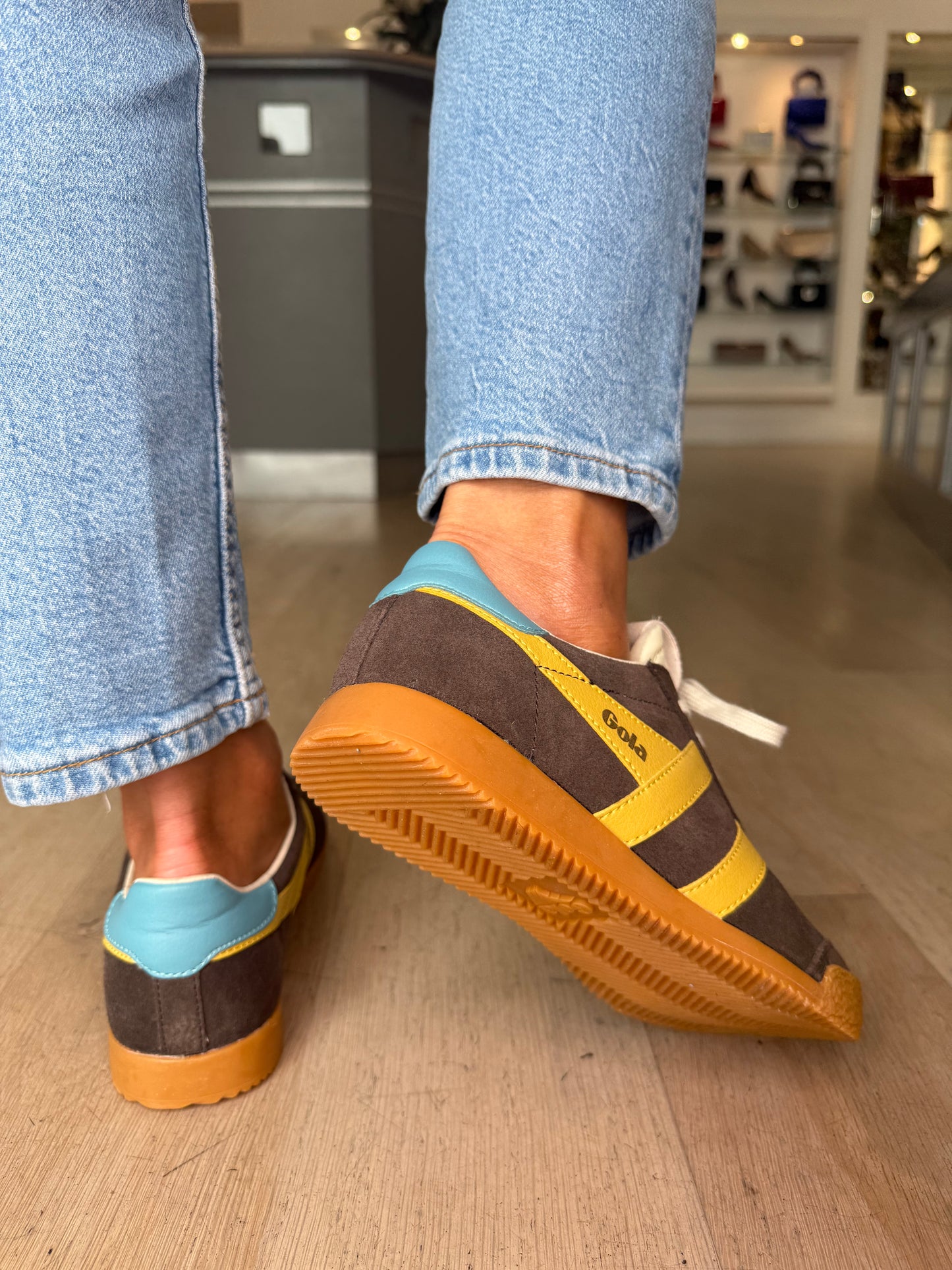 Gola - Elan Soft Mocha Brown Suede Trainer With Yellow & Blue Trim