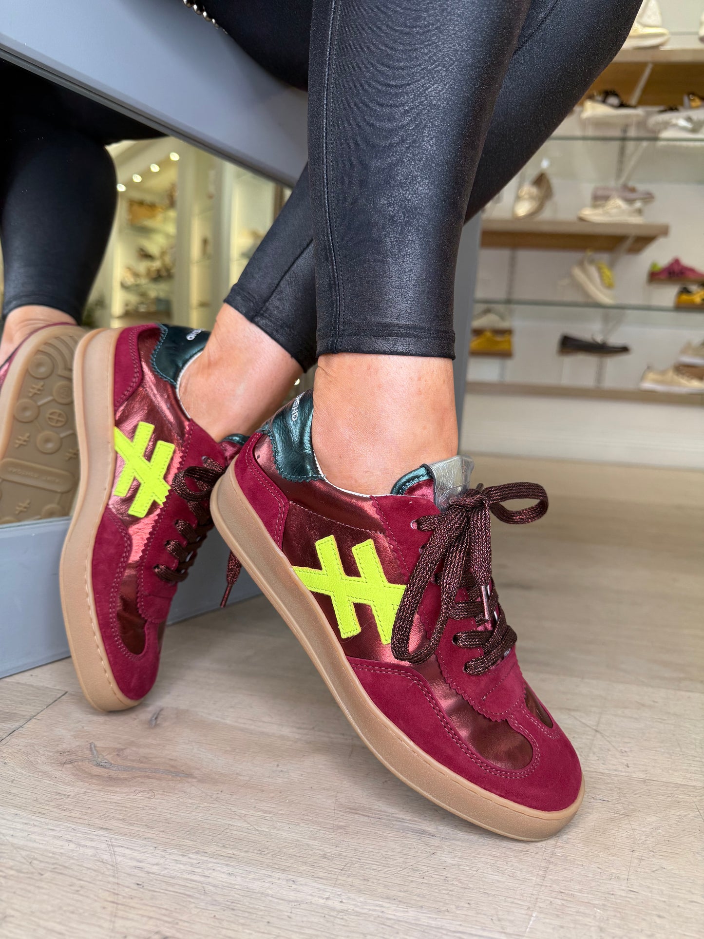 Another Trend - Wine Suede/ Metallic Trainer With Yellow & Teal Trim