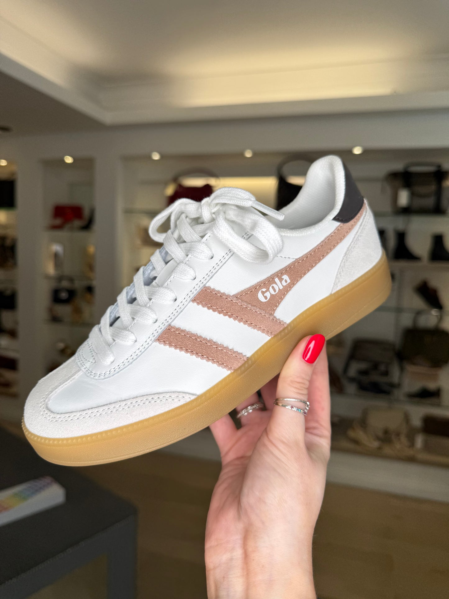 Gola = Viper White Leather Gum Sole Trainers With Dark Brown Trim