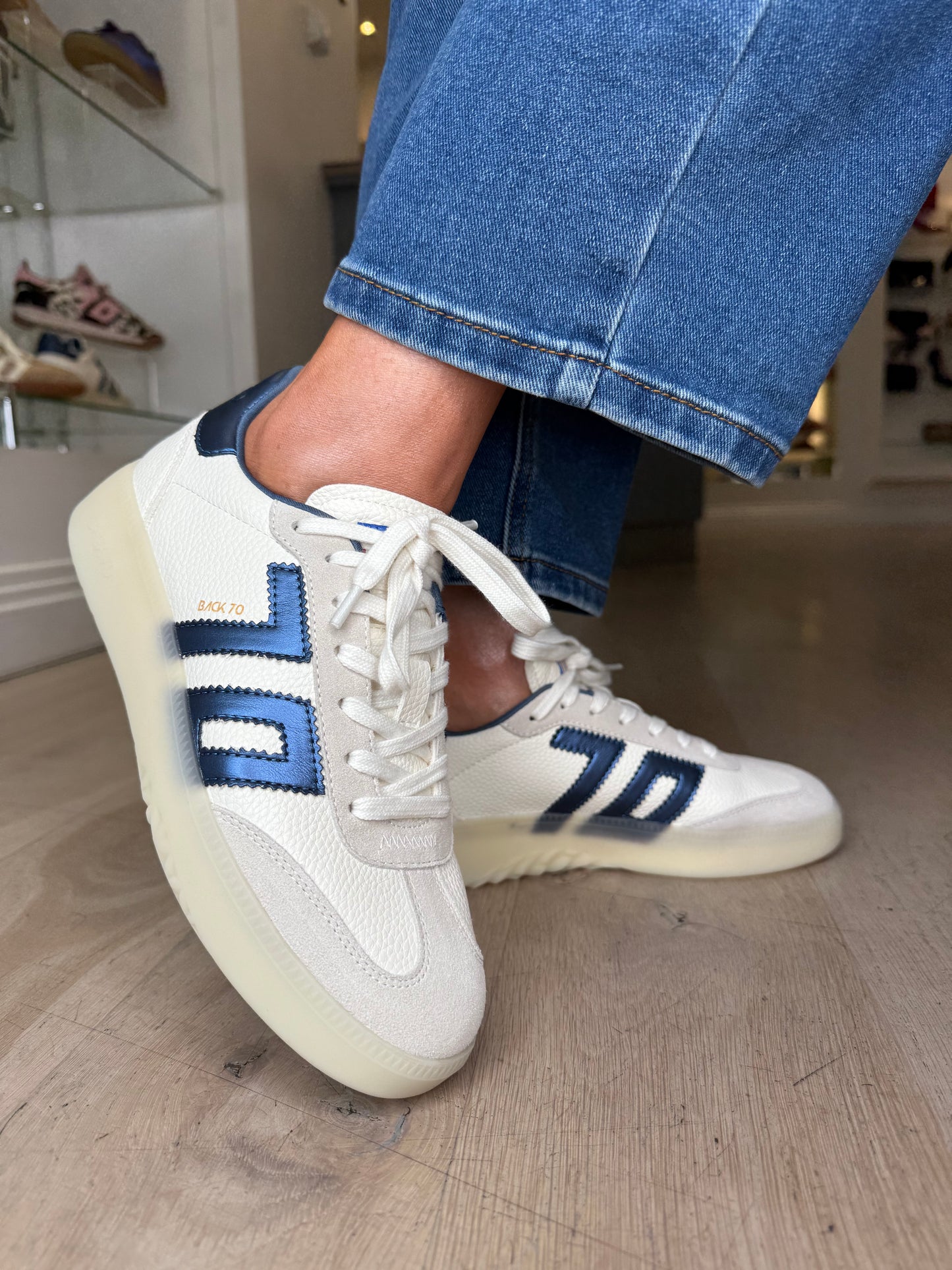 Back 70 - Boston White Leather/ Stone Suede Trainer With Ice Blue Metallic Trim