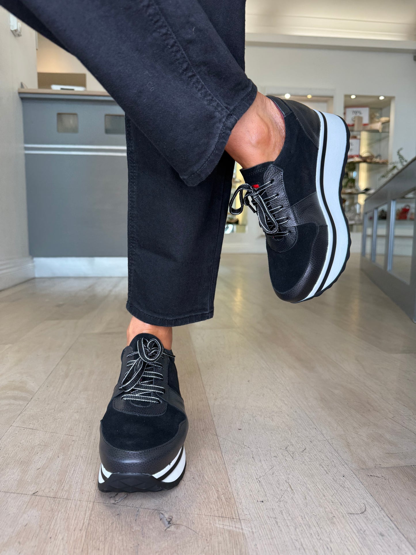 Jose Saenz - Black Suede/Leather Lace Up White Chunky Sole Shoe