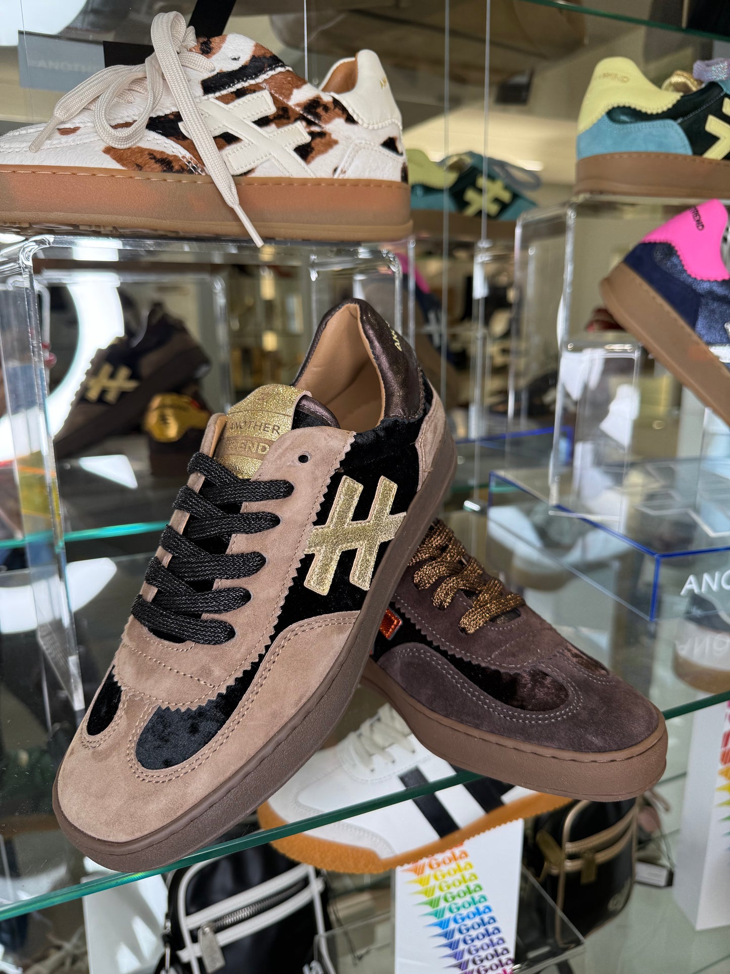 Another Trend - Soft Brown Suede/ Black Velvet Trainer With Metallic Gold & Dark Bronze Trim