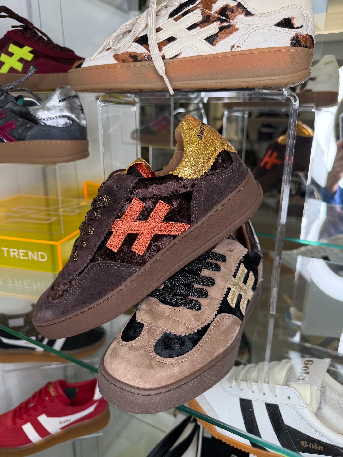 Another Trend - Chocolate Brown Suede/Velvet Trainer With Metallic Orange & Gold Trim