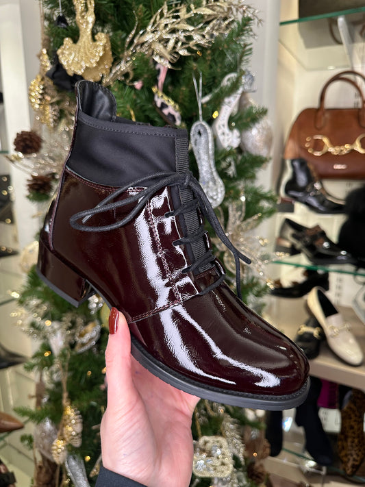 Loretta Vitale - Rich Burgundy Patent & Black Fabric Lace Up Boot