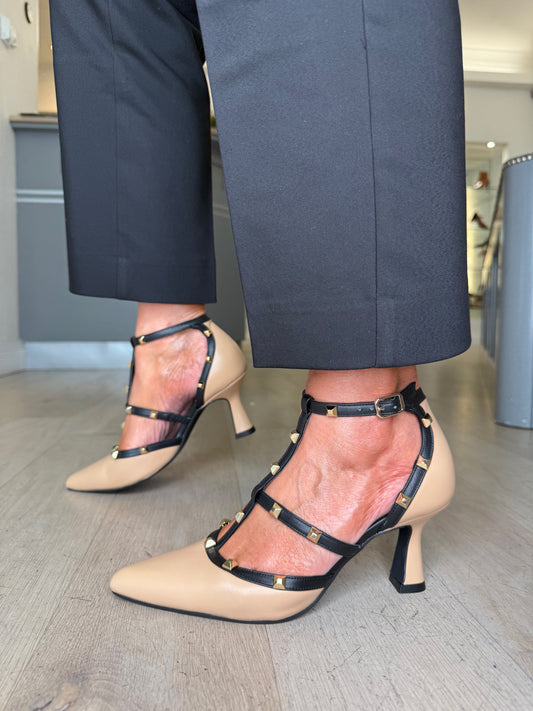 Lodi - Rich Camel Leather T-Bar Pointy Toe Shoe With Gold Stud Detail