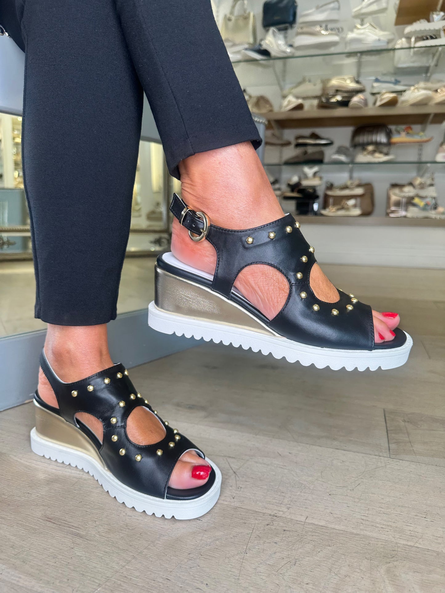 Marco Moreo - Black Nappa Leather Wedge Sandal With Gold Stud Trim