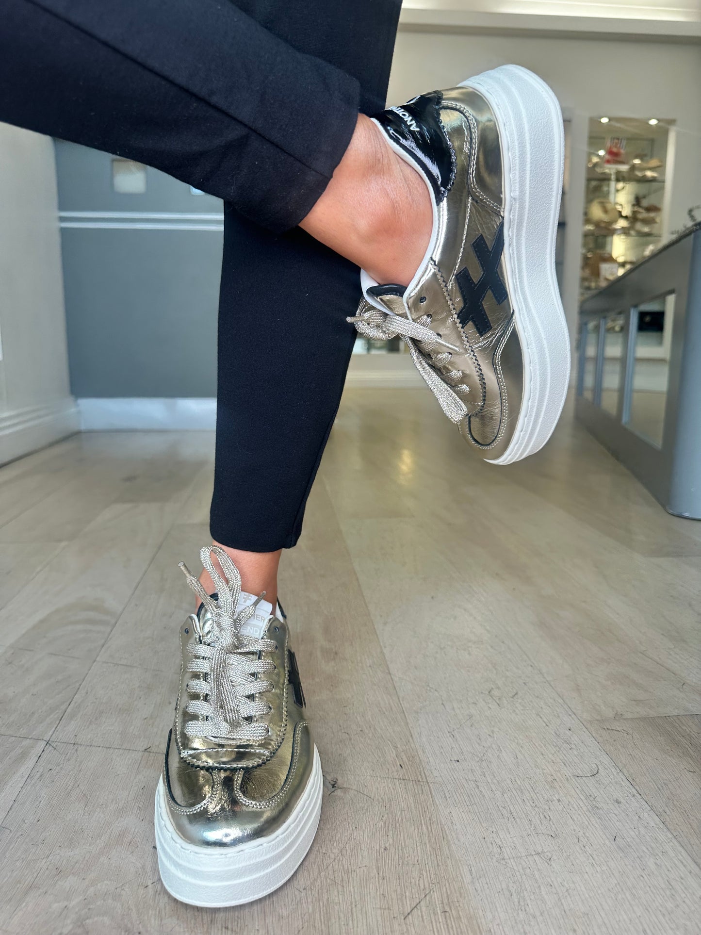 Another Trend -Metallic Gold Leather / Black Trim & White Platform Sole Trainer