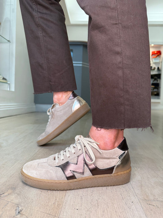 Marco Moreo -Beige Suede Trainer With Bronze Trim