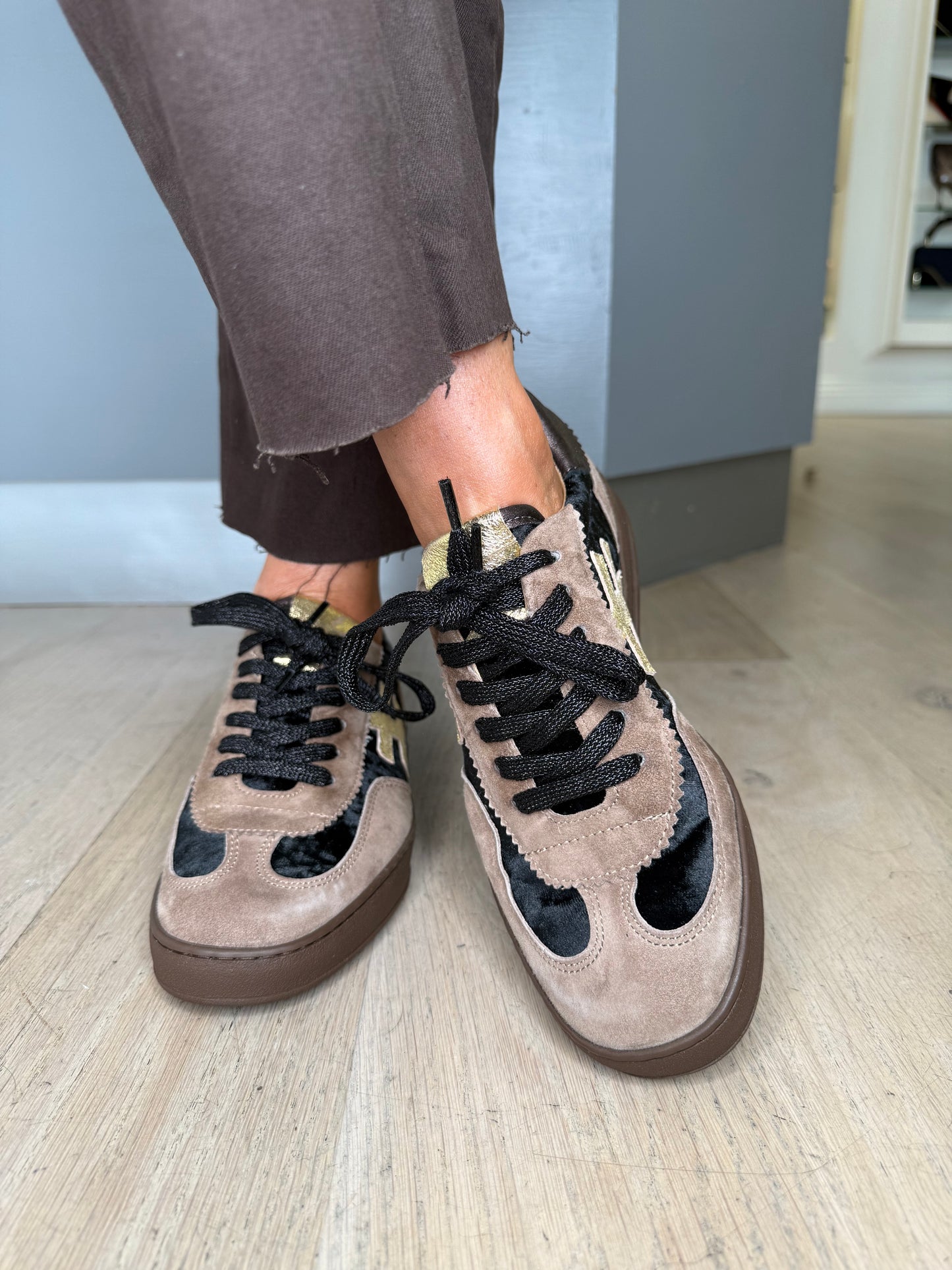 Another Trend - Soft Brown Suede/ Black Velvet Trainer With Metallic Gold & Dark Bronze Trim