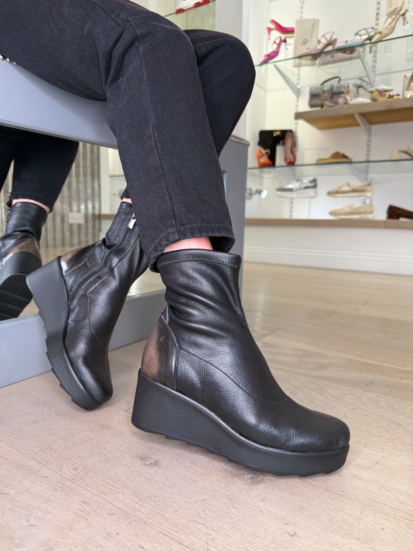 Jose Saenz -Black Stretch Leather Wedge Boot With Soft Bronze & Camel Trim