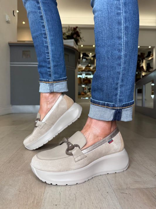 Callaghan - Stone Suede Leather Mix With Soft Bronze Trim Slip On Chunky Sole Shoe
