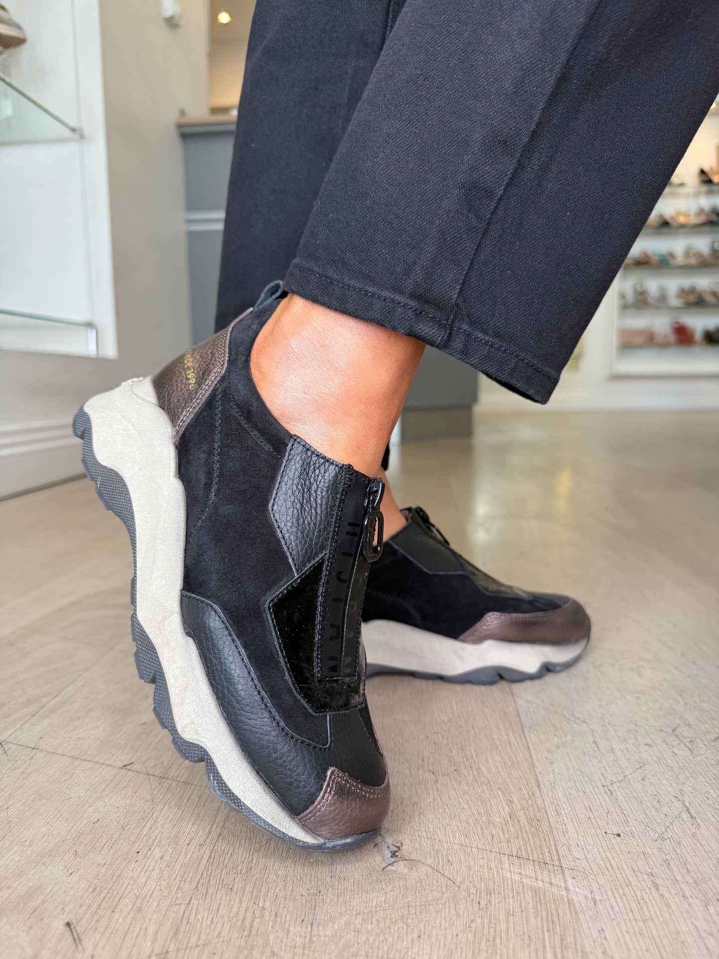 Hispanitas - Black Suede / Leather Patent Mix Zip Up Sporty Shoe