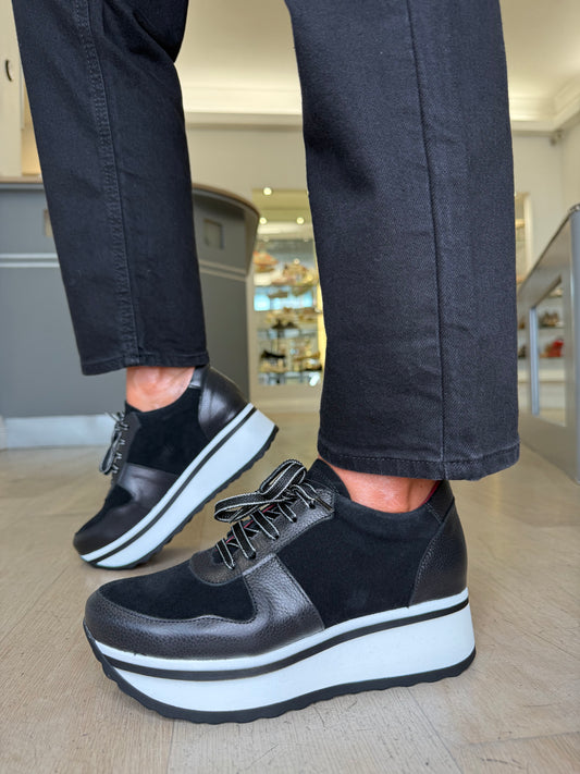Jose Saenz - Black Suede/Leather Lace Up White Chunky Sole Shoe