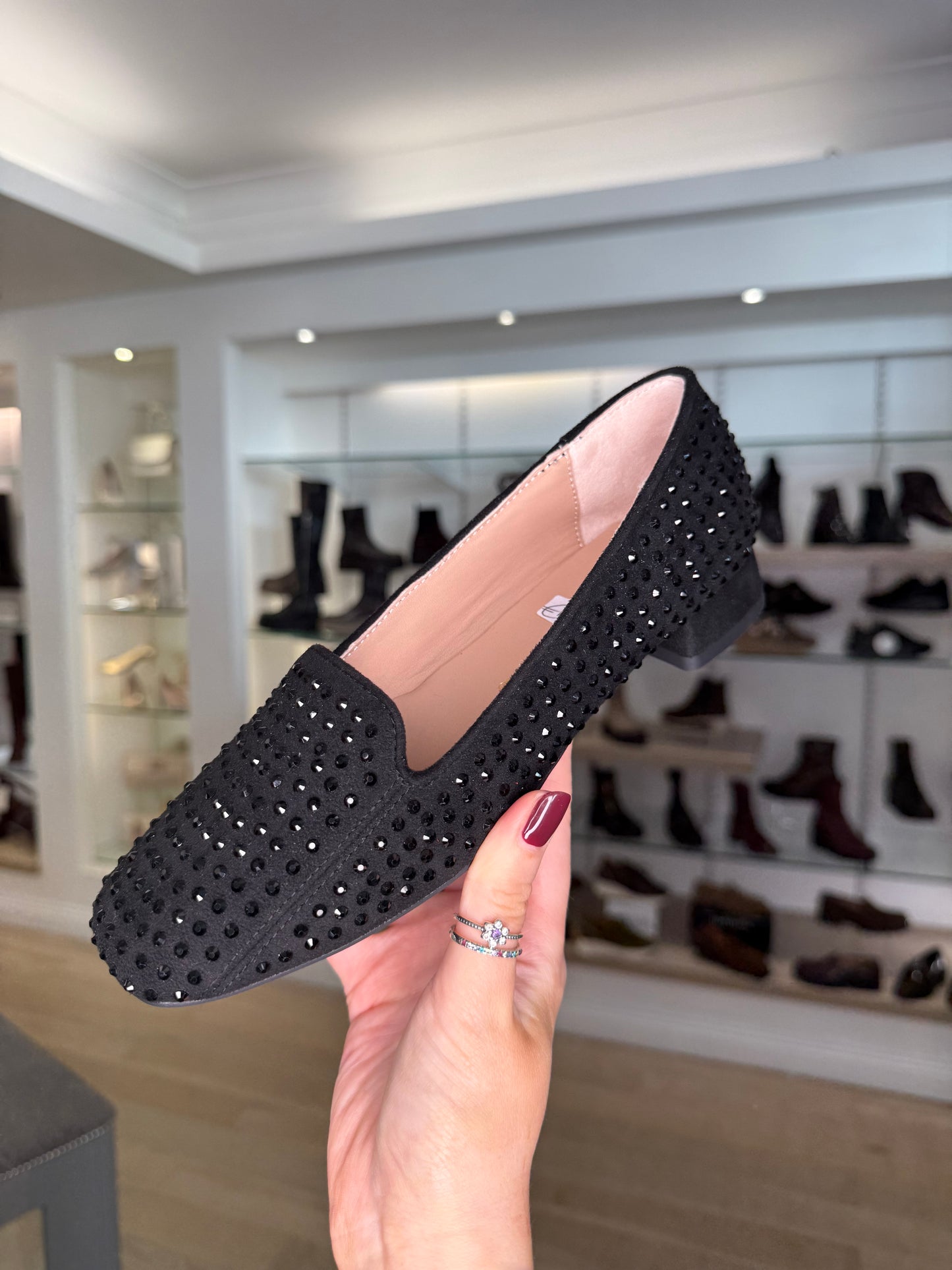 Unisa - Black Suede Jeweled Pomp Style Square Toe Shoe