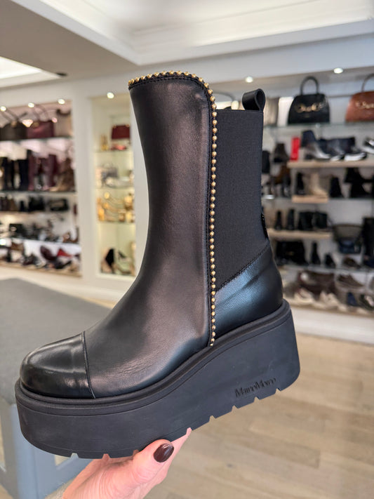 Marco Moreo - Marlene Black Leather Chunky Flatform Boot With Gold Trim