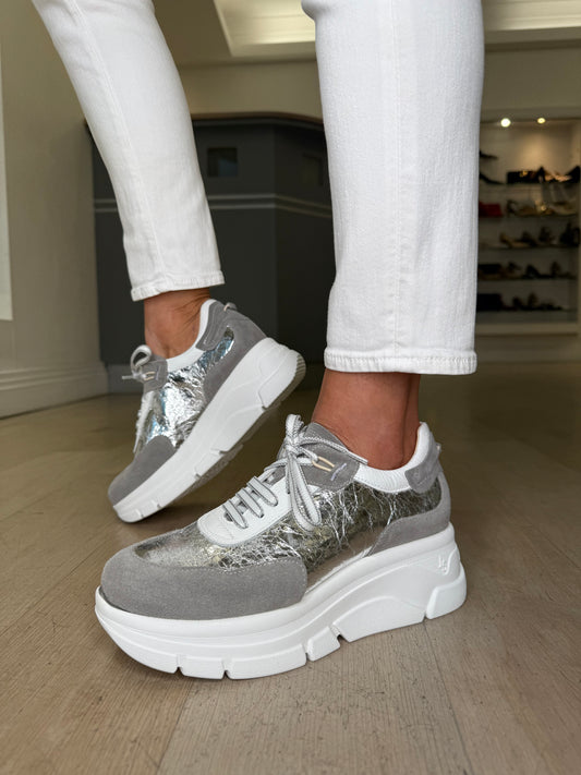 Jose Saenz - Soft Grey Suede Lace Up Wedge Shoe With Silver Foil Metallic Inset