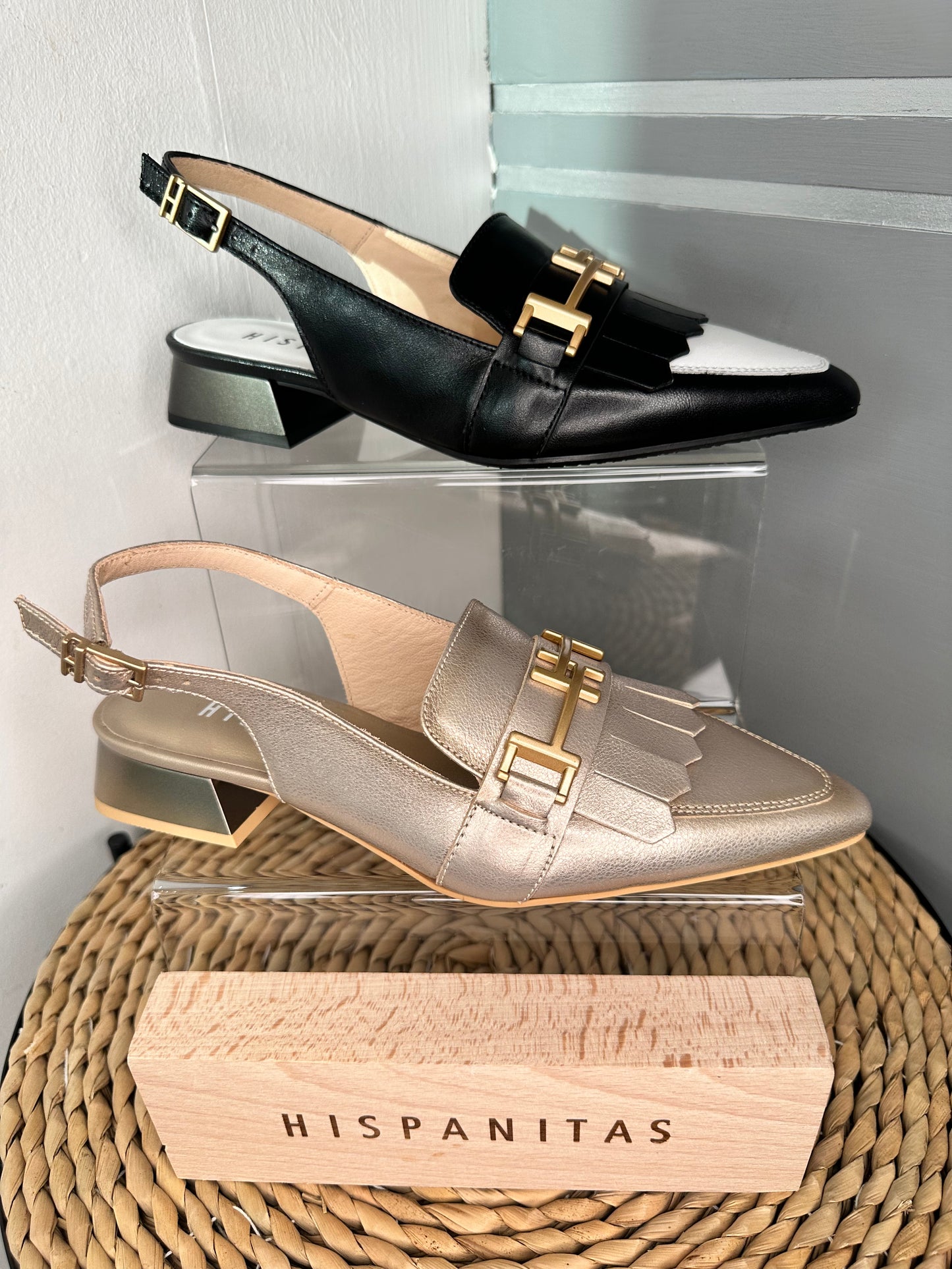 Hispanitas -Black/White Pointy Toe Sling Back Shoe With Gold Trim