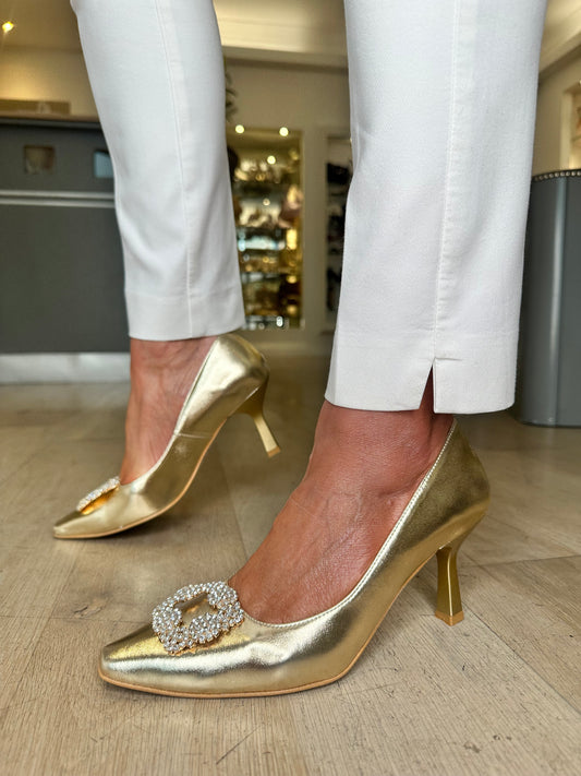 Emis - Metallic Gold Mid Heel Court Shoe With Square Diamante Trim