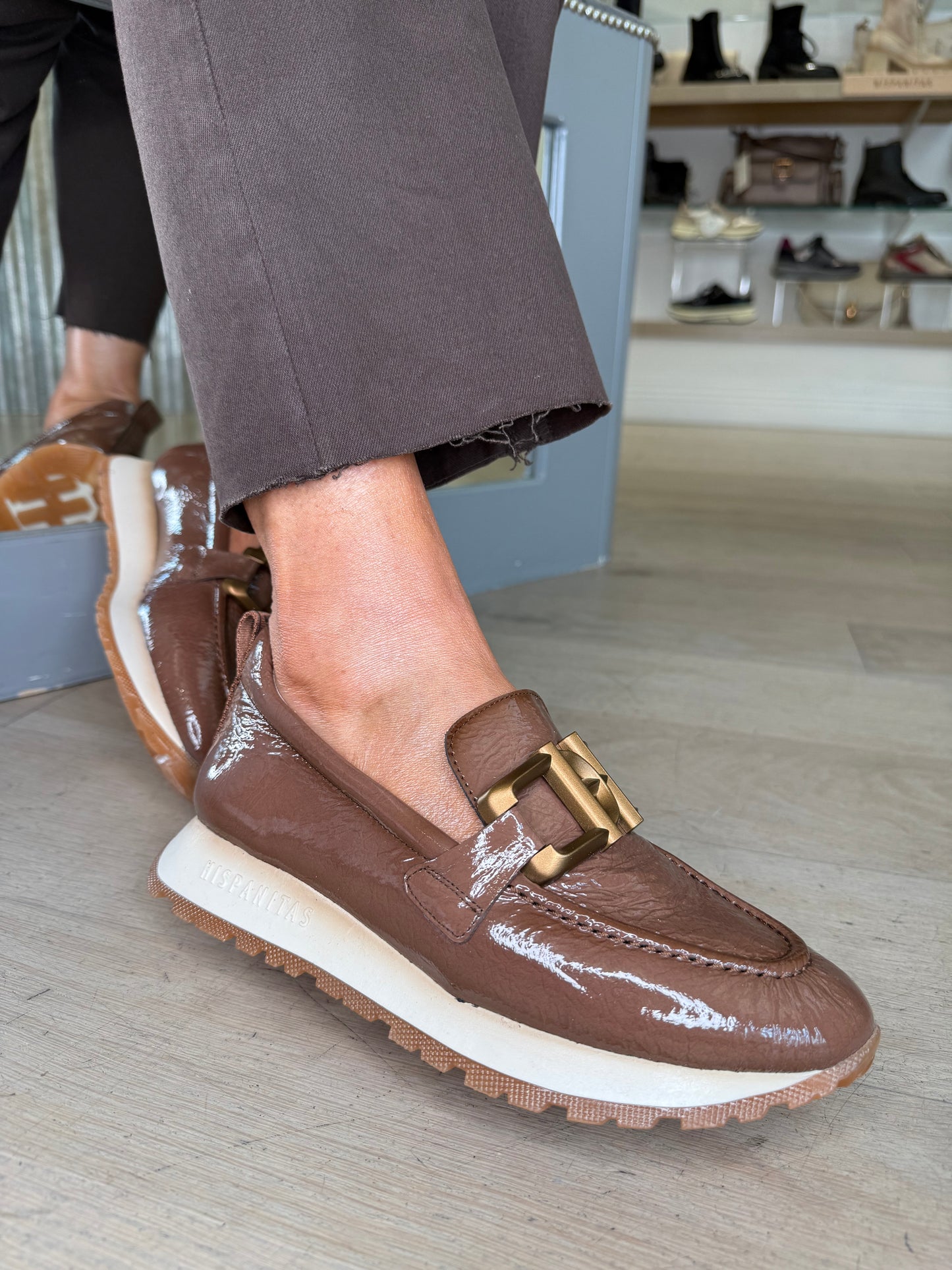 Hispanitas - Flexy Patent Mocha Slip On Shoe With Sporty Sole