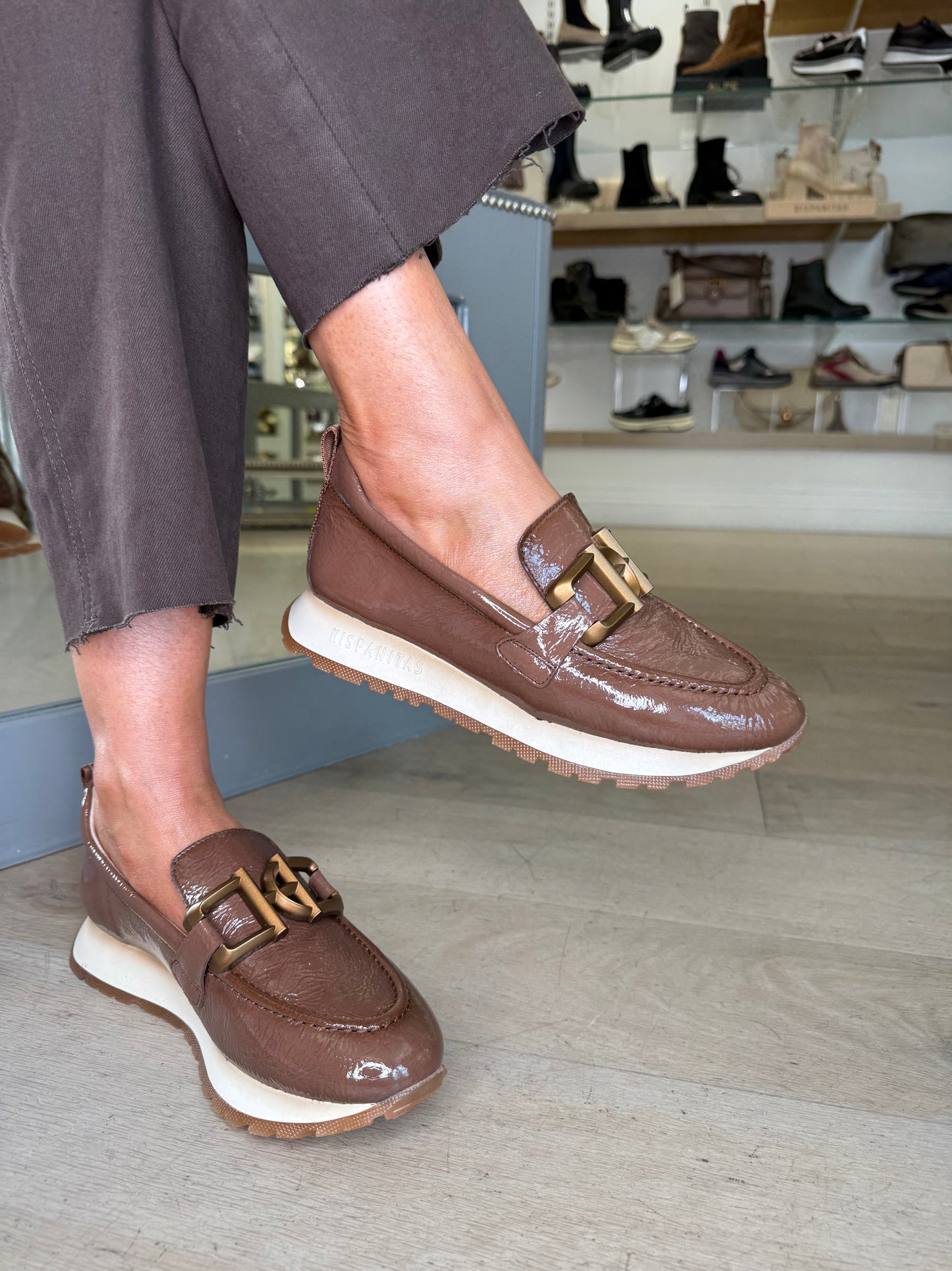 Hispanitas - Flexy Patent Mocha Slip On Shoe With Sporty Sole