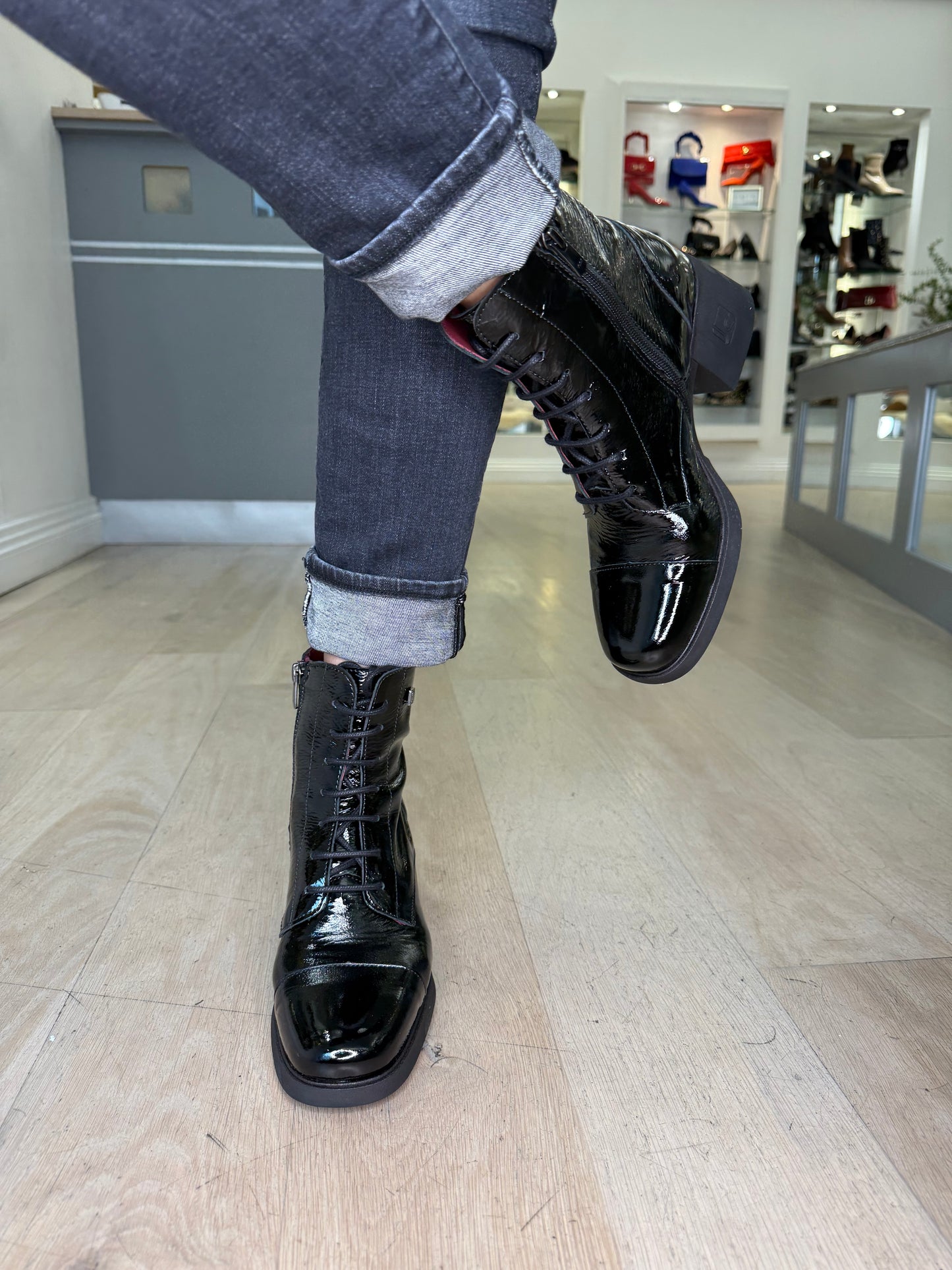 Jose Saenz - Black Flexy Patent Leather Lace Up Boot With Block Heel & Side Zip