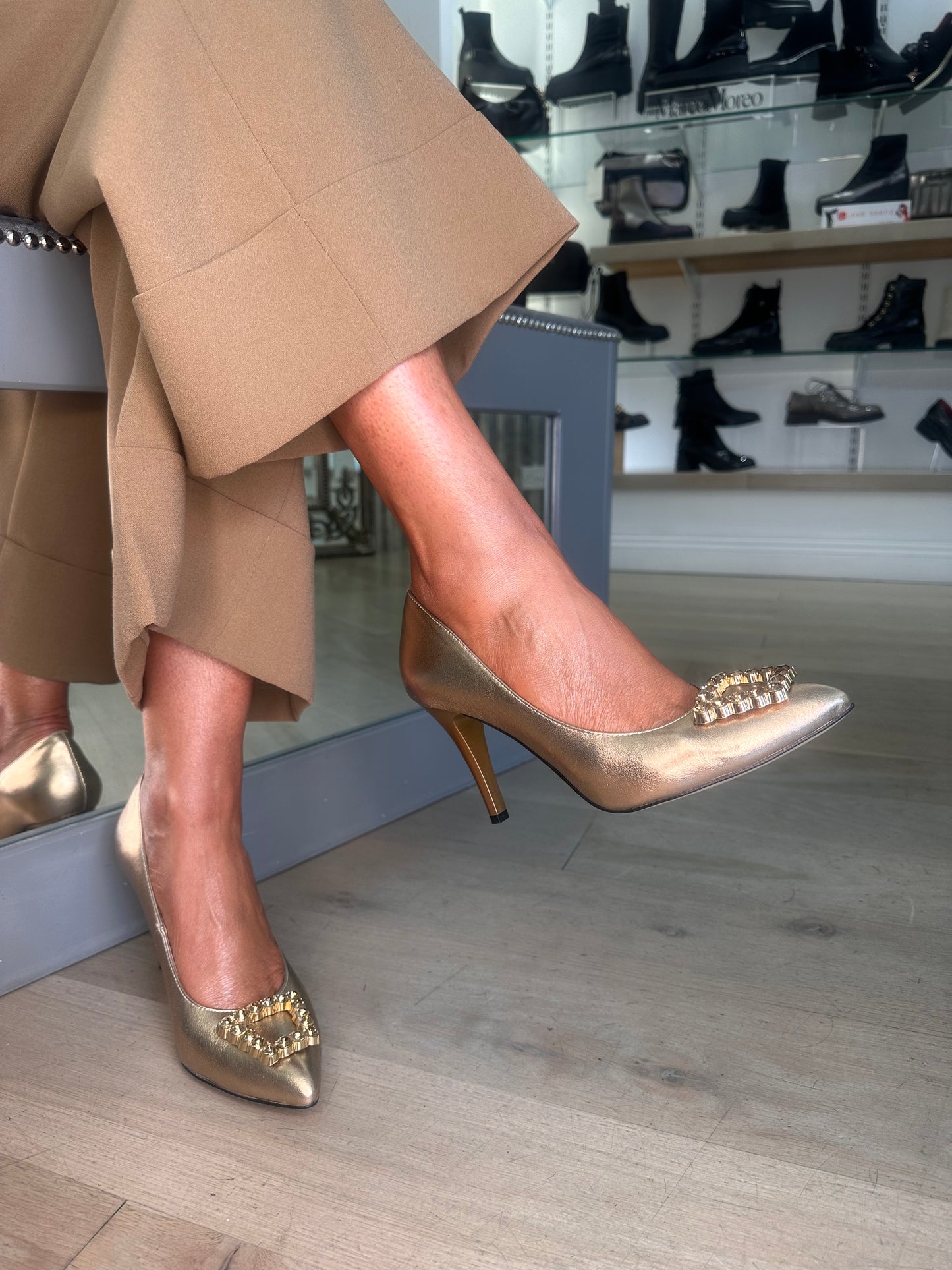 Emis - Antique Bronze Court Shoe With Bronze Stone Trim