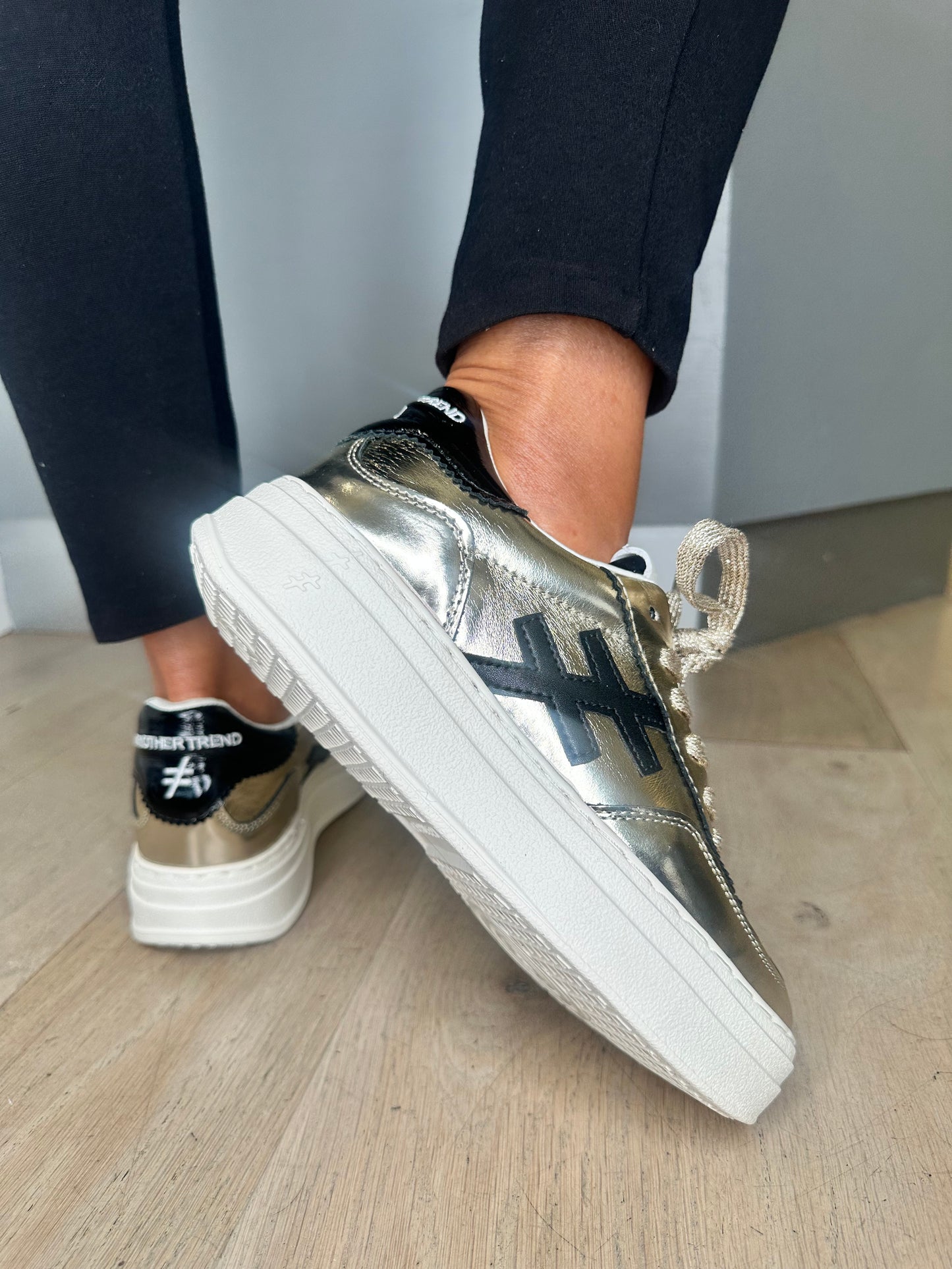 Another Trend -Metallic Gold Leather / Black Trim & White Platform Sole Trainer