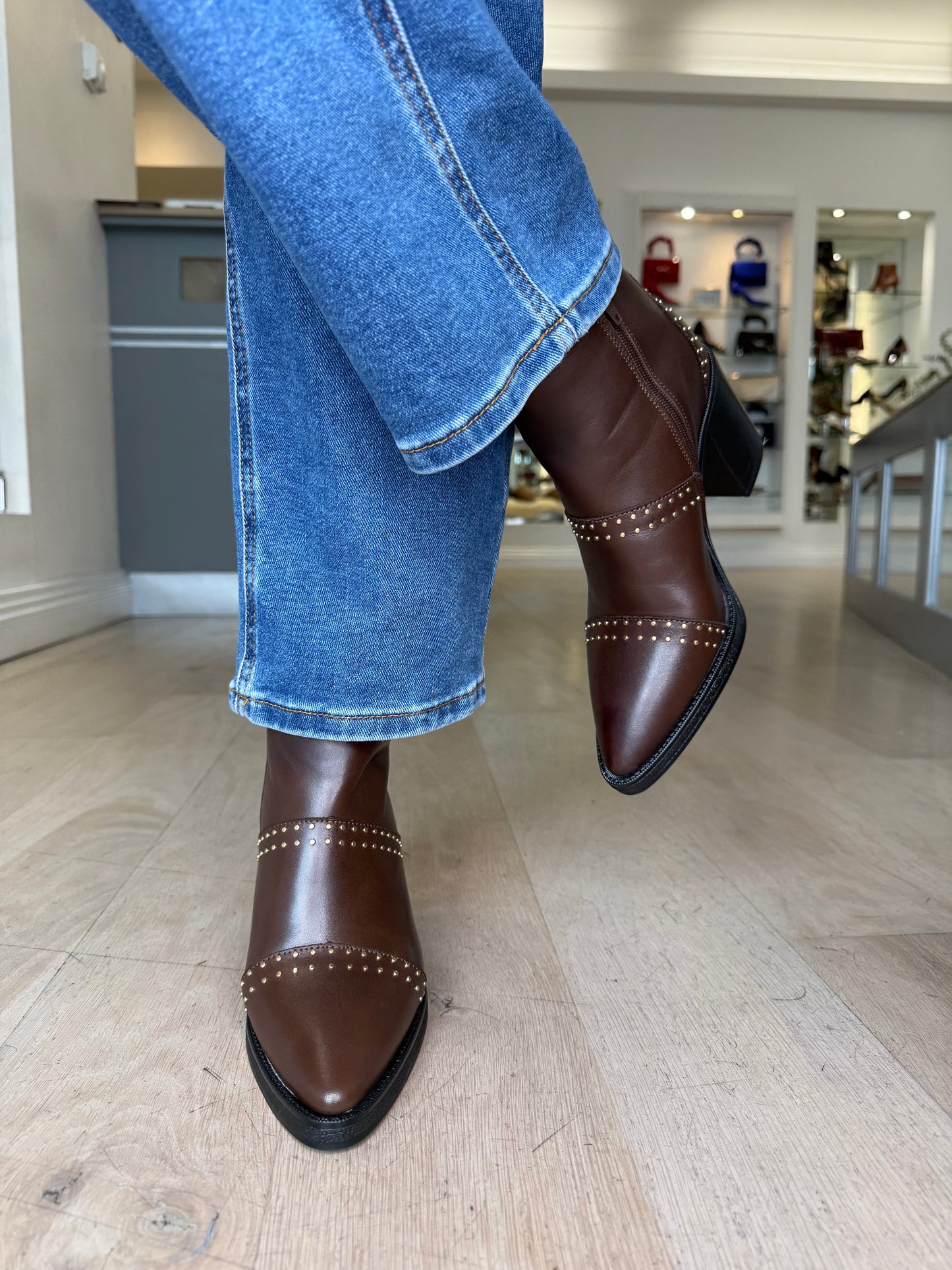 Alpe - Dark Brown Leather Boot With Gold Stud Trim & Block Heel