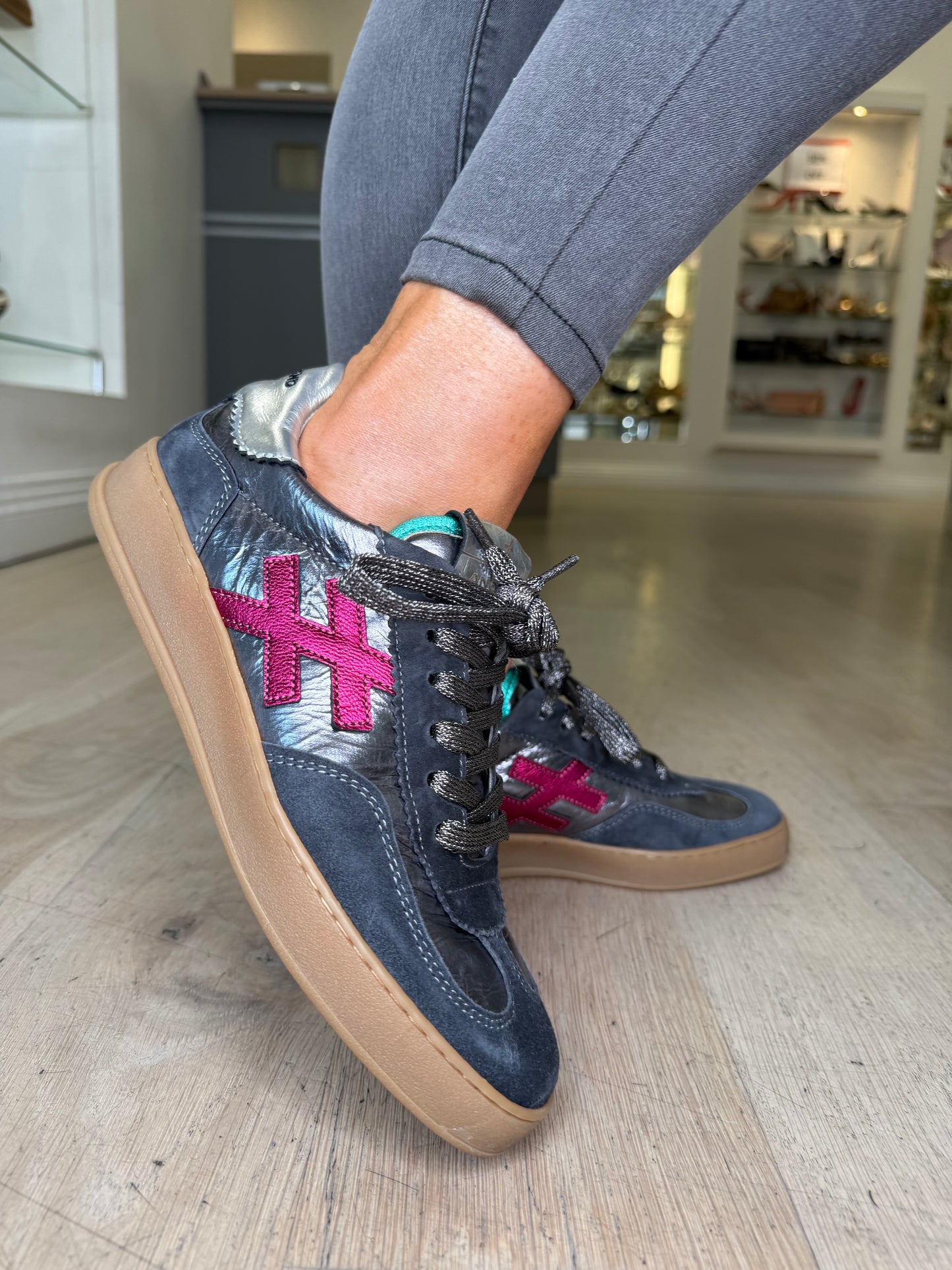 Another Trend - Grey Suede/Metallic Trainer With Pink and Turquoise Trim