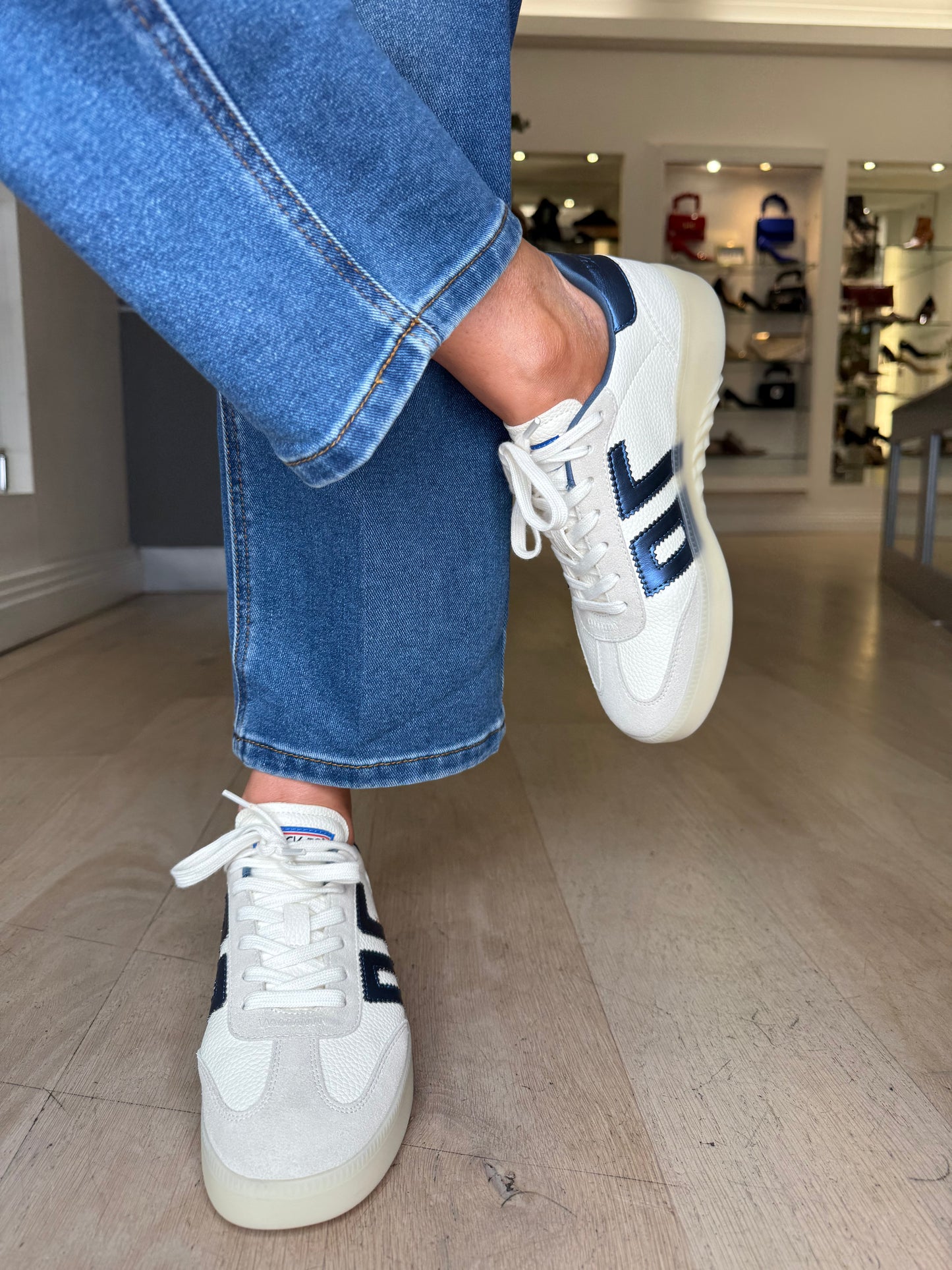 Back 70 - Boston White Leather/ Stone Suede Trainer With Ice Blue Metallic Trim