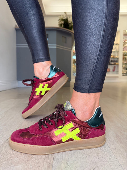 Another Trend - Wine Suede/ Metallic Trainer With Yellow & Teal Trim