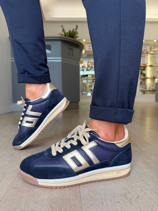 Back 70 - Dark Navy Suede / Leather Trainer with Gold Metallic Trim