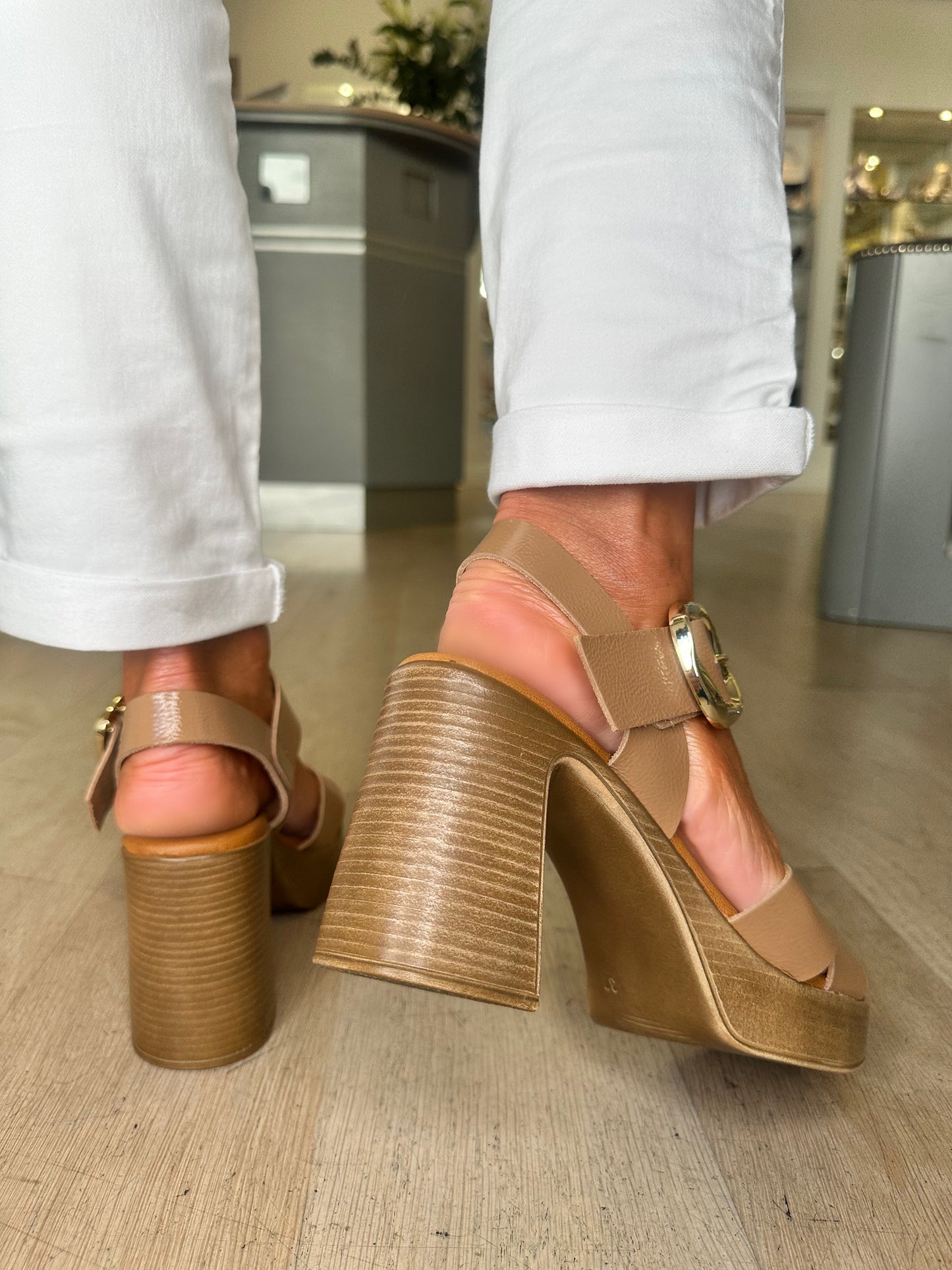 Oh My Sandals - Rich Taupe Flexy Patent Strappy Block Heel Platform Sandal