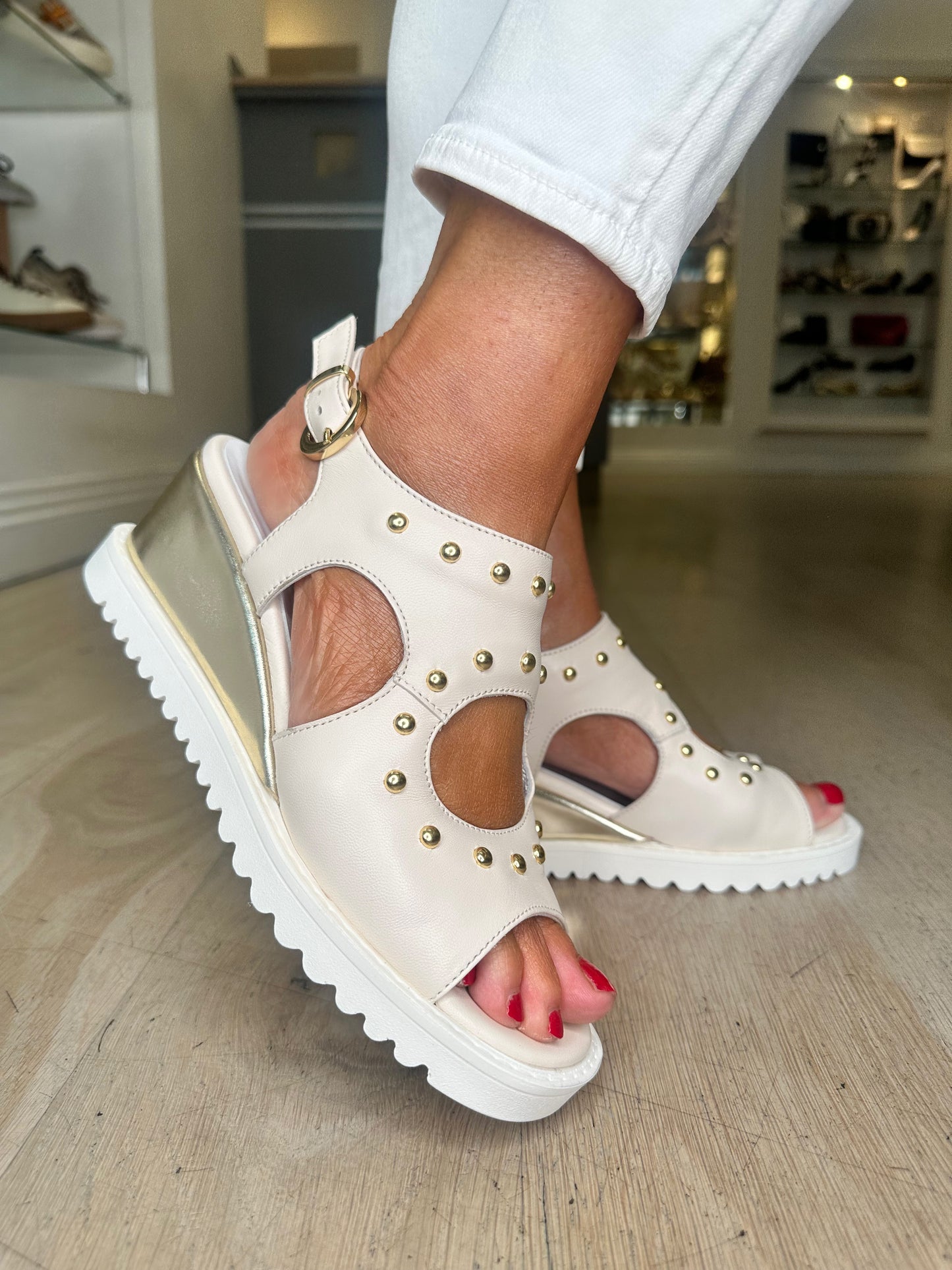 Marco Moreo - Cream Nappa Leather Wedge Sandal With Gold Stud Trim