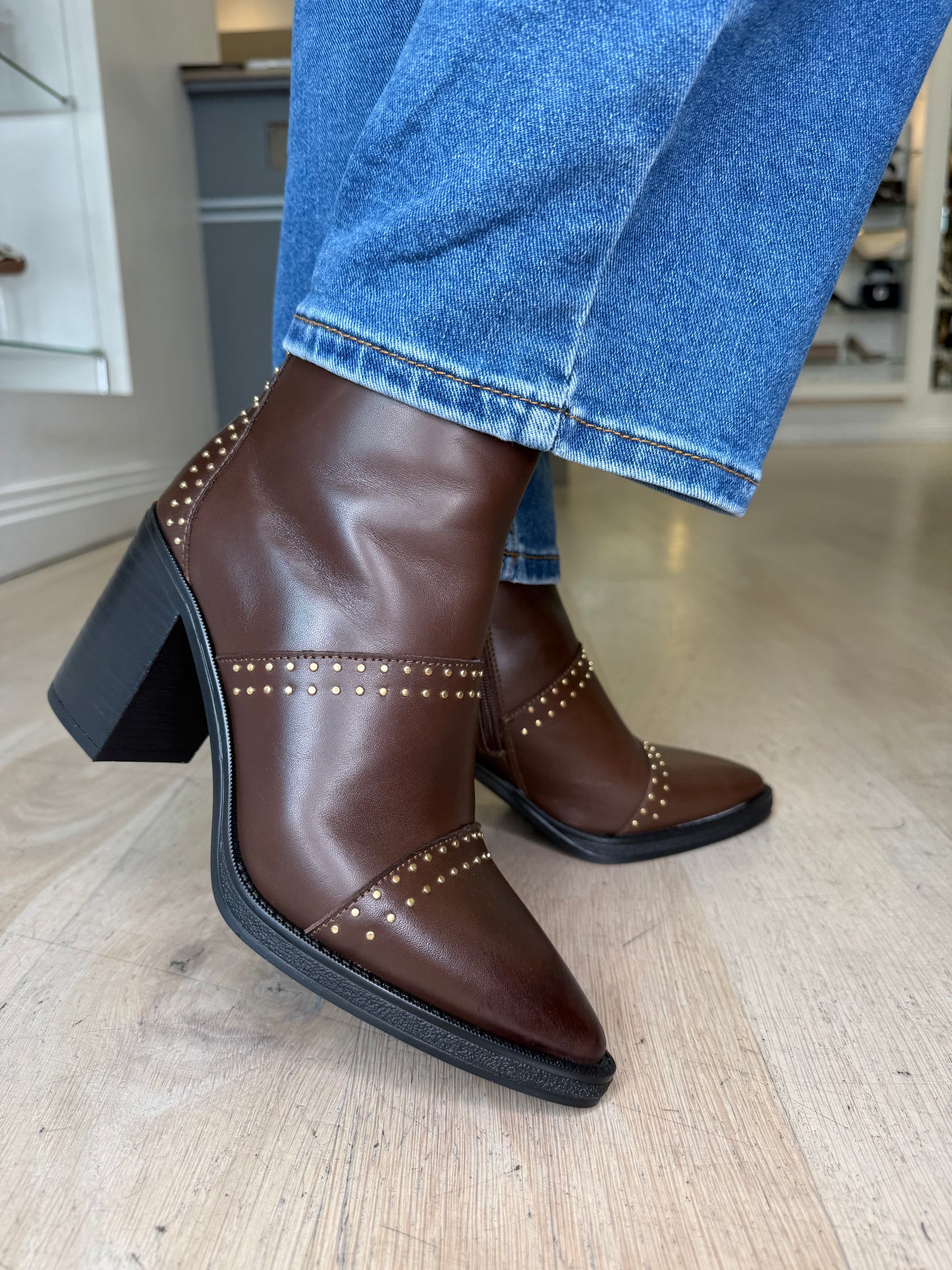 Alpe - Dark Brown Leather Boot With Gold Stud Trim & Block Heel