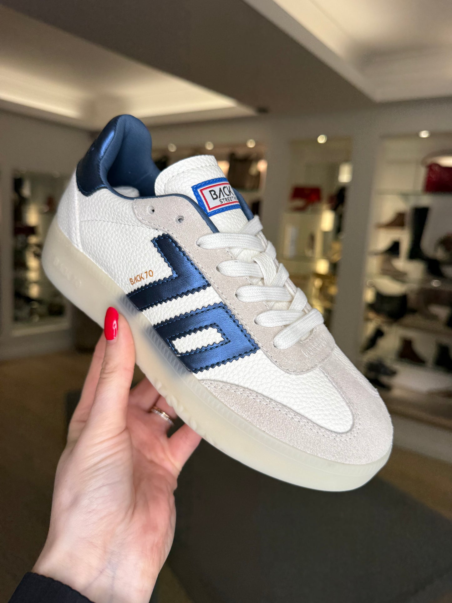 Back 70 - Boston White Leather/ Stone Suede Trainer With Ice Blue Metallic Trim