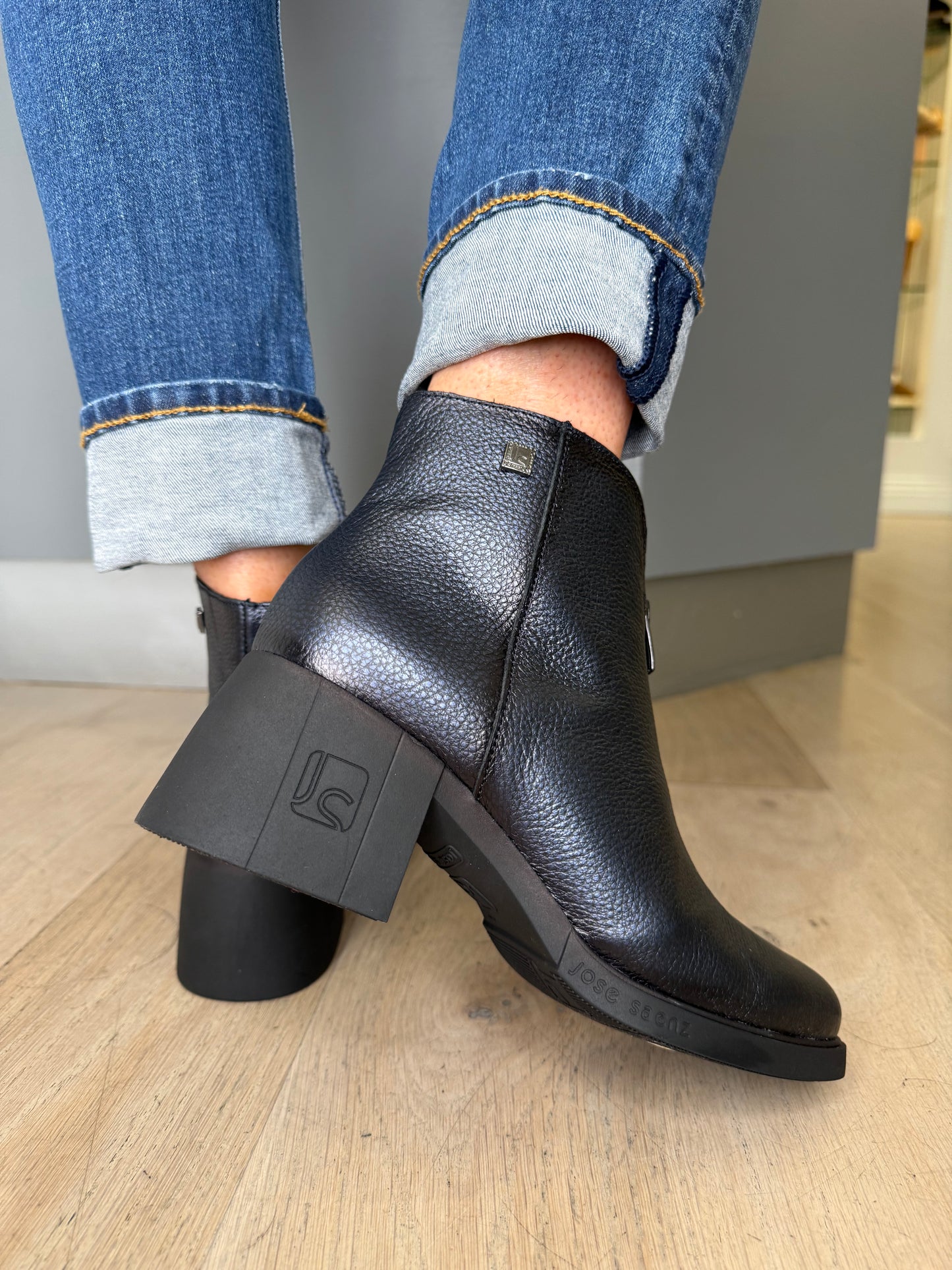 Jose Saenz - Dark Navy Leather Block Heel Zip Up Boot