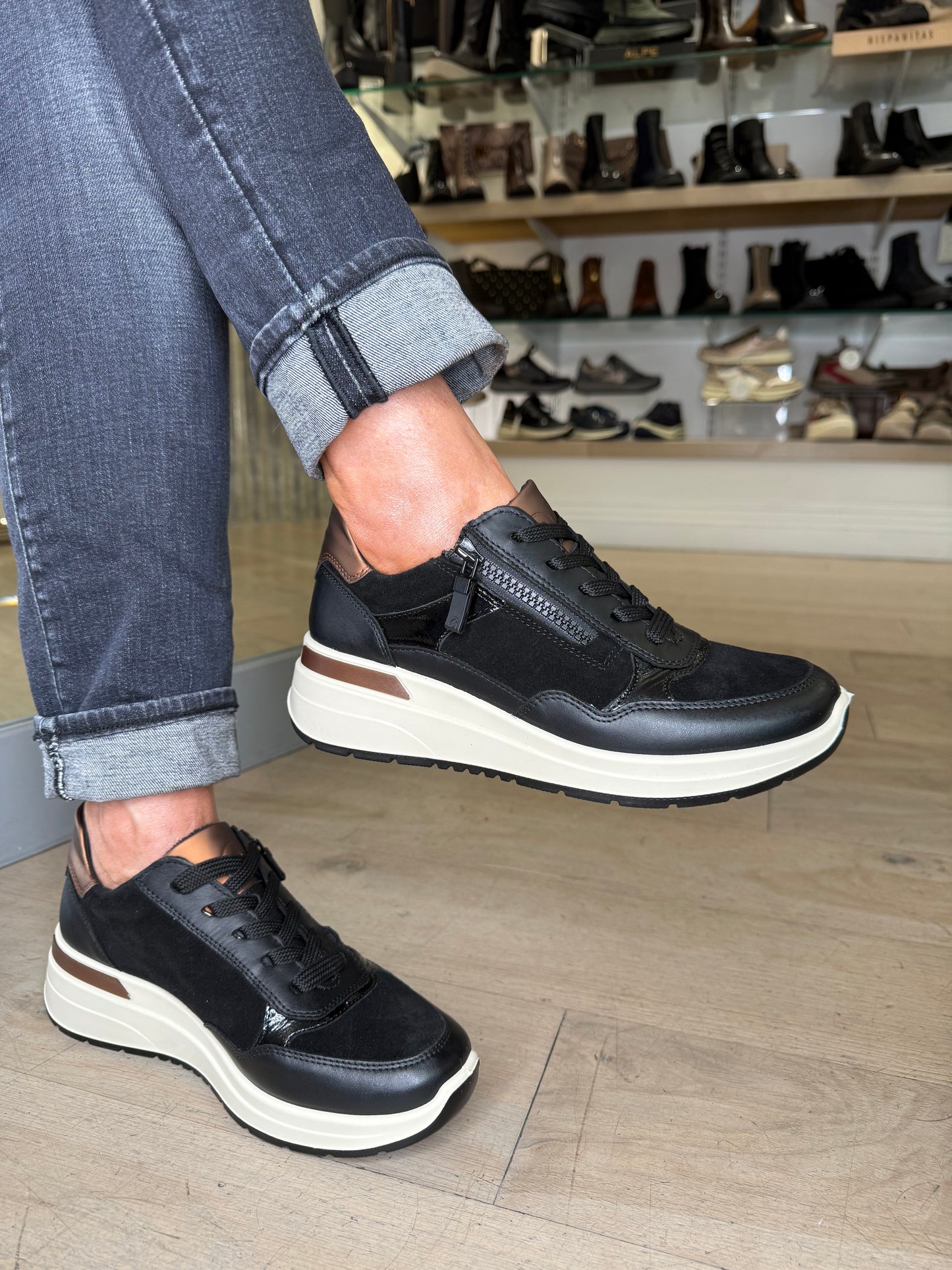 Ara - Black Suede / Leather Mix Lace Up Trainer With Side Zip