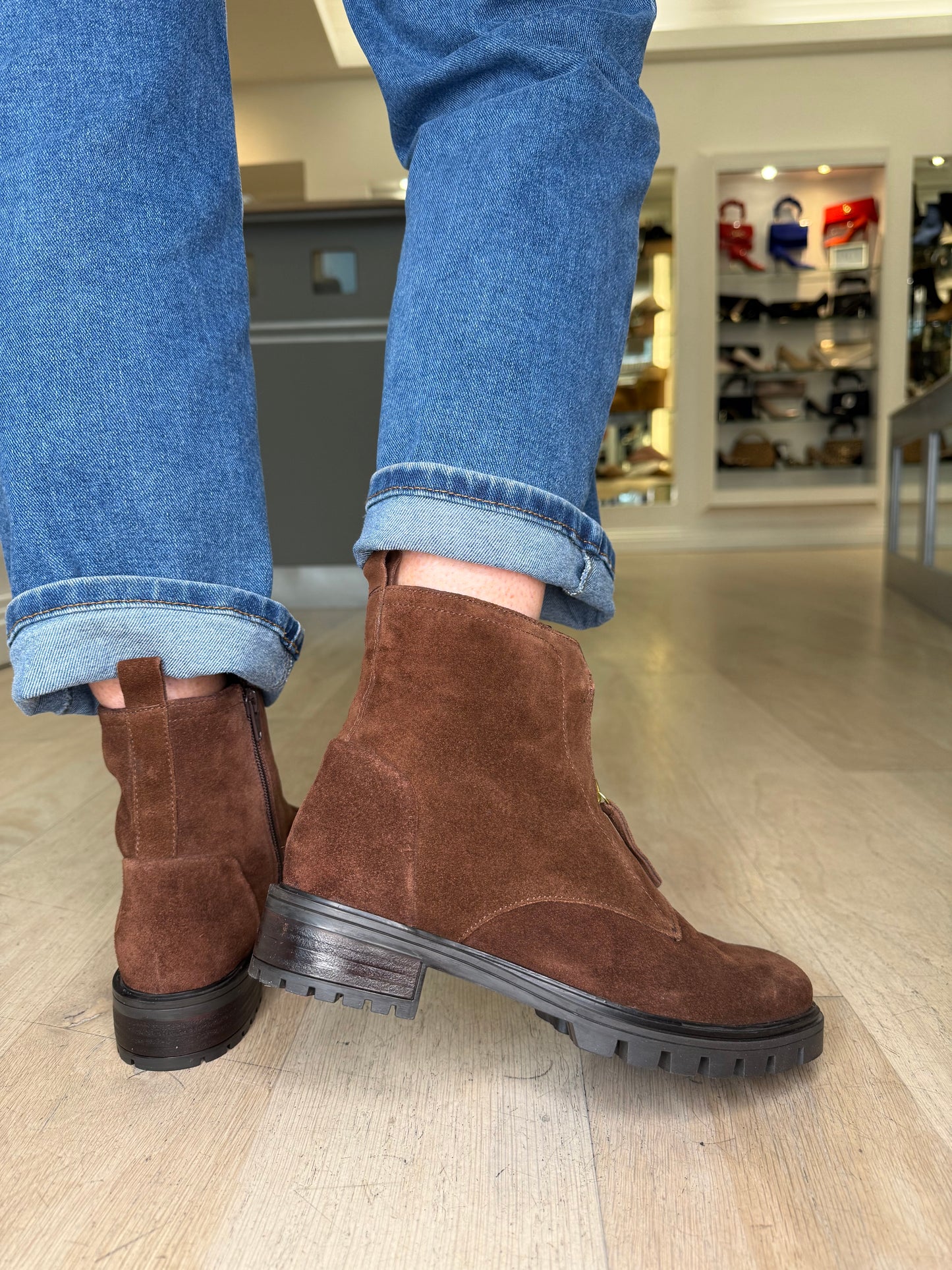 Ara -Chocolate Brown Suede Chelsea Style Boot With Bronze Trim