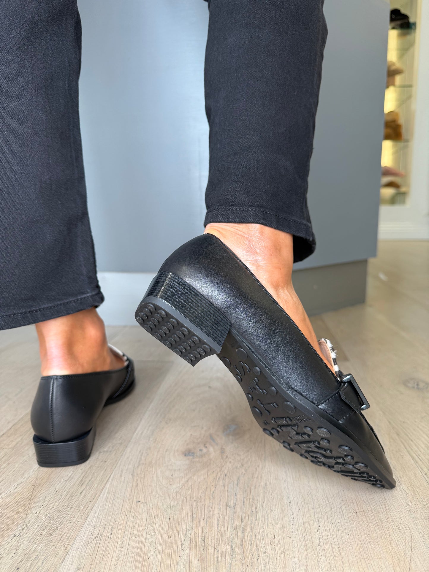 Hispanitas - Black Leather Pointy Toe Slip On Shoe With Zebra Print Inset