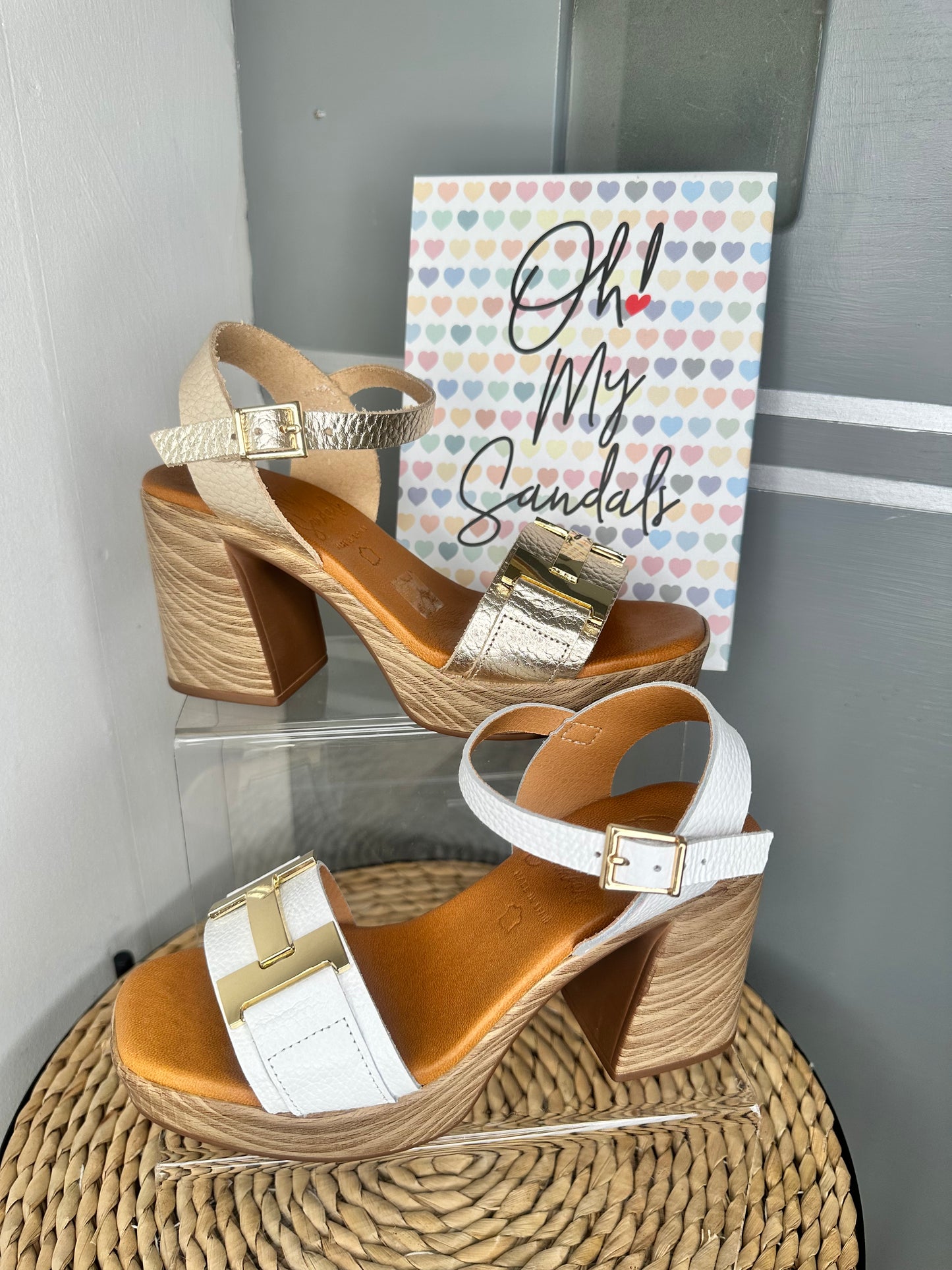 Oh My Sandals - Metallic Gold Block Heel Sandal With Platform Sole