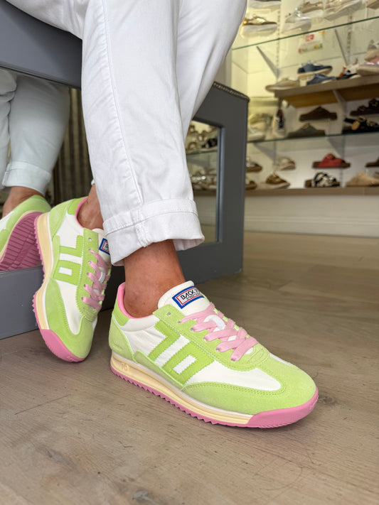 Back 70 - Lime Green Suede & White Leather Trainer With Soft Pink Trim