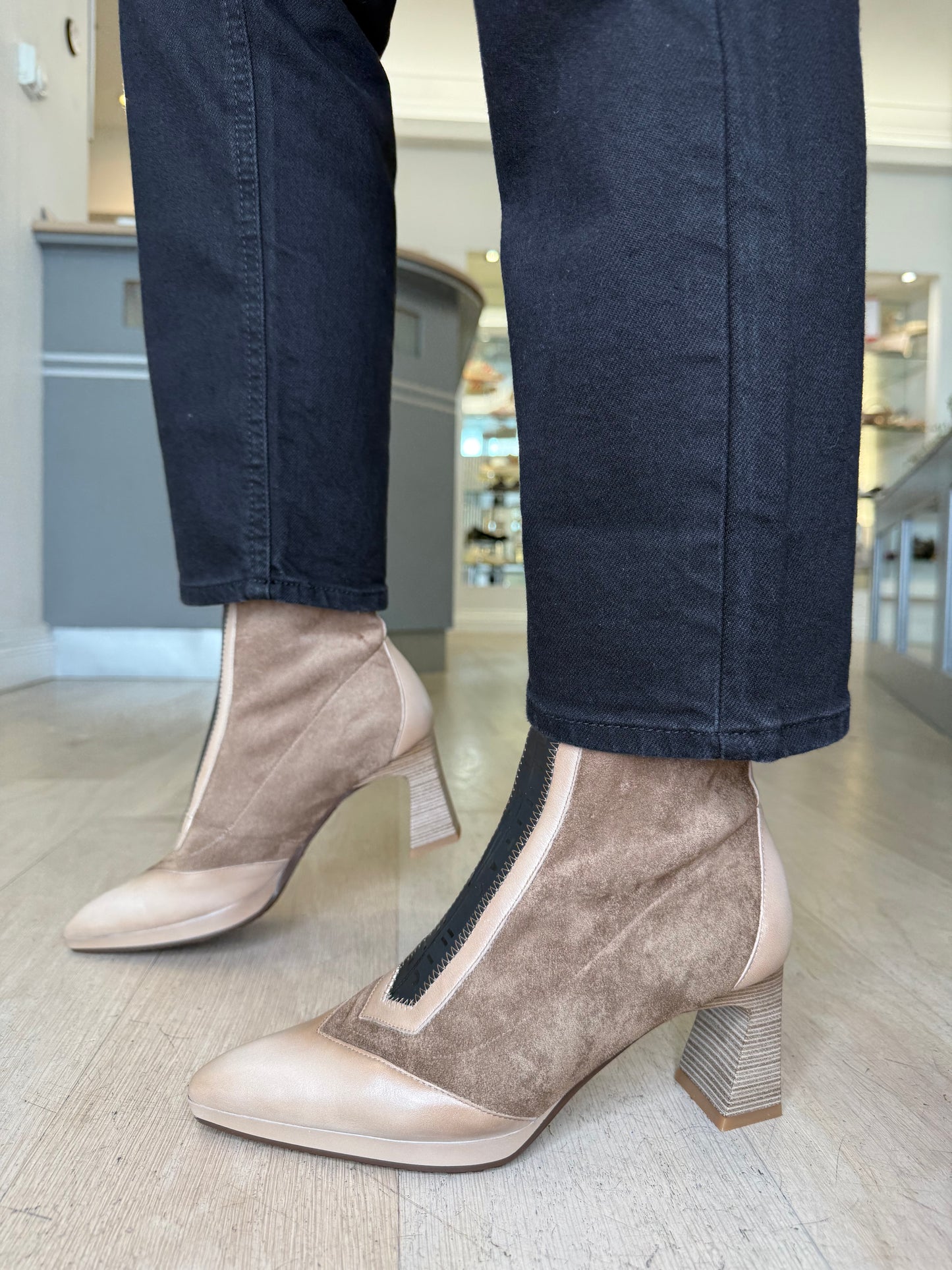 Hispanitas - Taupe Suede/Leather Mix Pointy Toe Boot With Stacked Heel