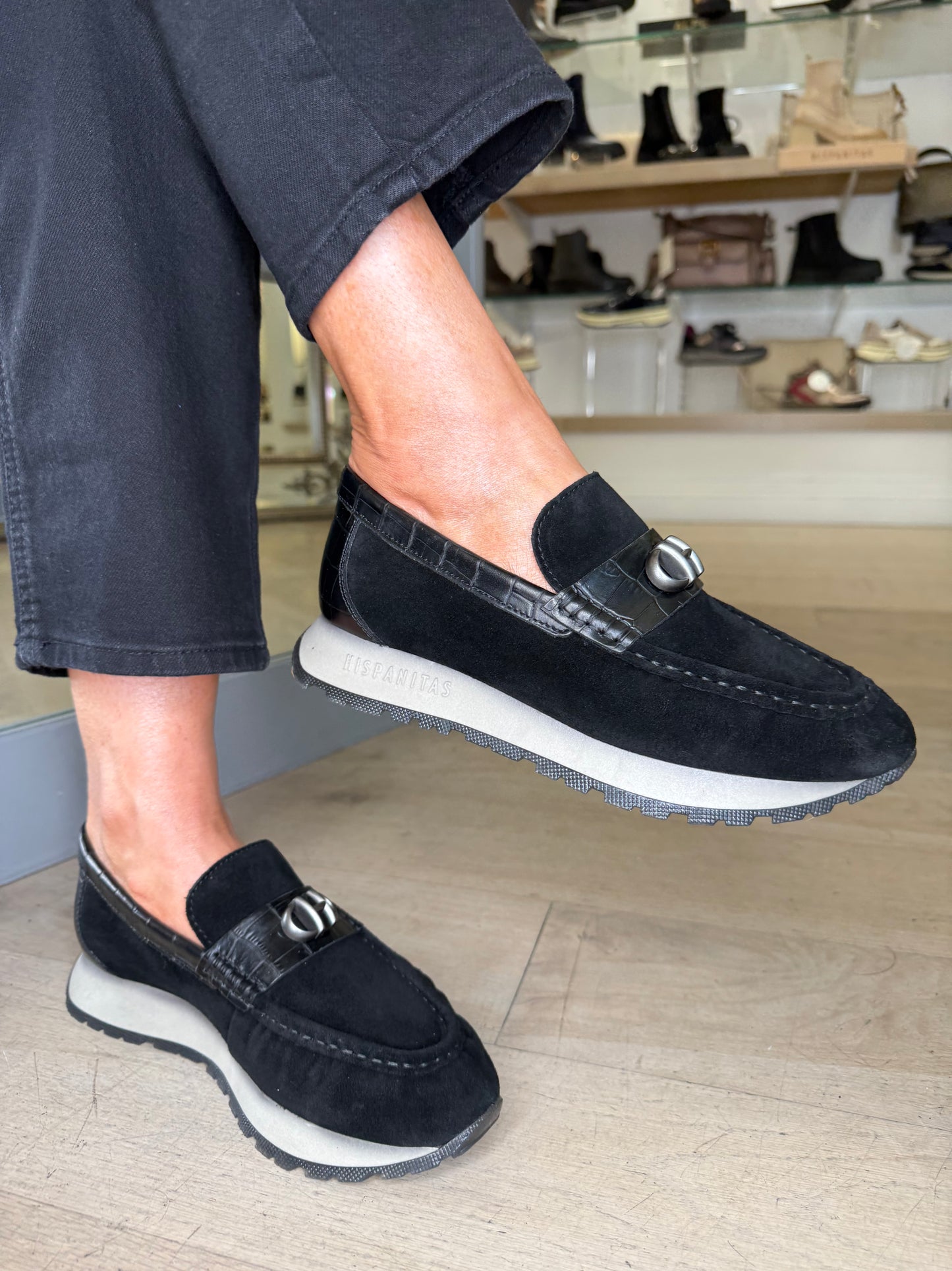 Hispanitas - Black Suede Moccasin Shoe With Black Leather Croc Trim