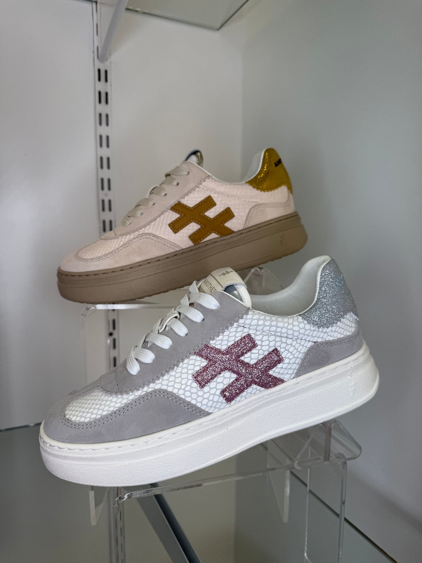 Another Trend - Grey Suede/ Snake Print Flatform Chunky Trainer With Sparkle Pink & Silver Trim